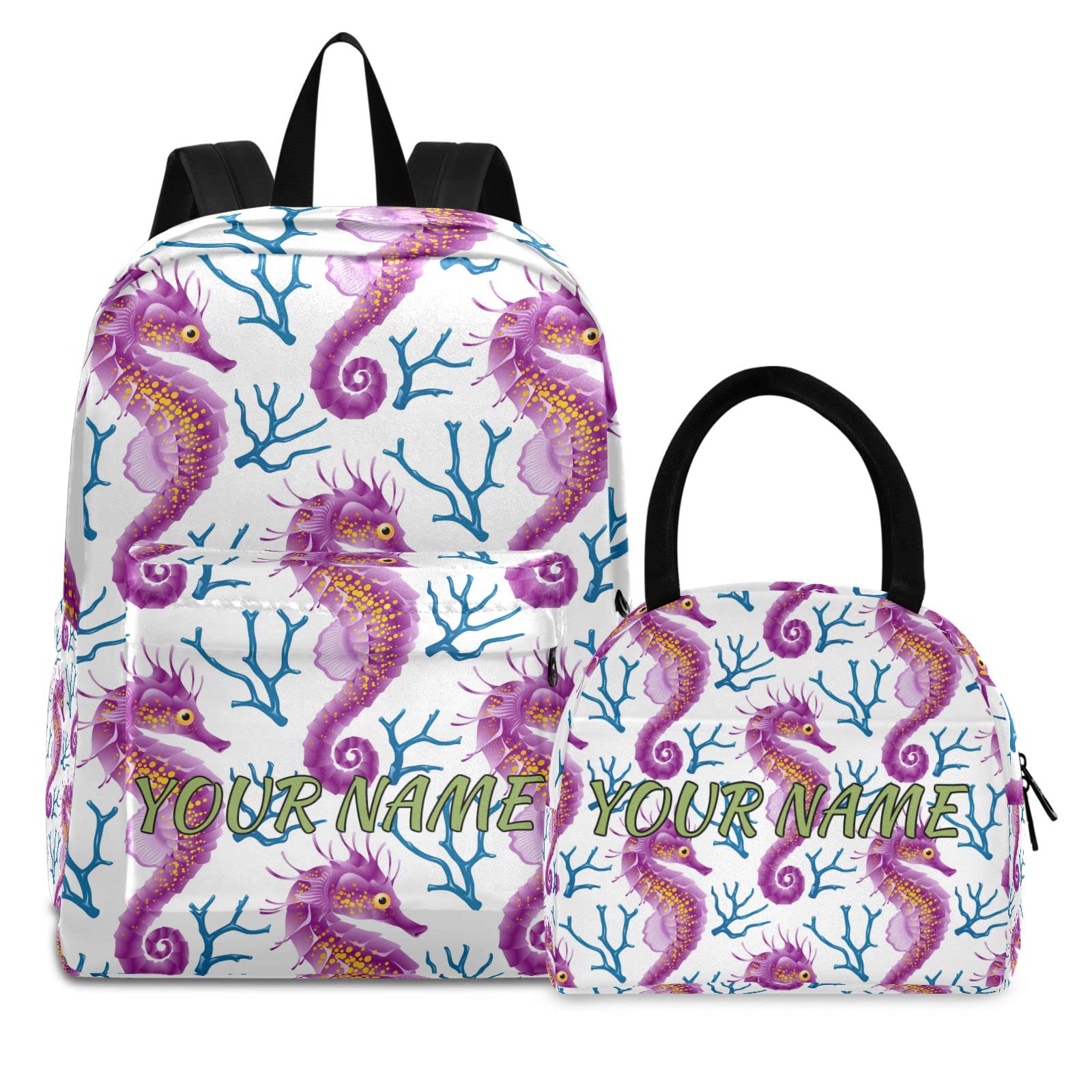 **Custom Personalized School Backpack with Lunch Box Set - MCHIVER Hippocampus Blue Coral Design for Boys & Girls | Durable Bookbag for Travel, Camping, Work & Everyday Use**