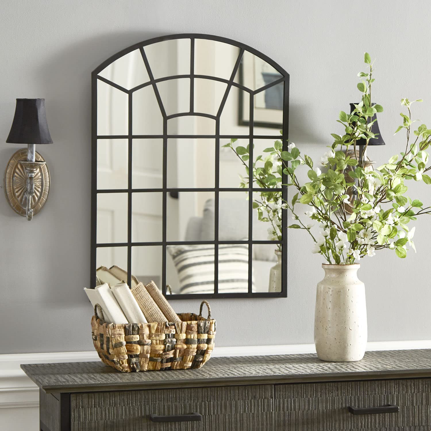 HomeHills Laurel Black Arched Windowpane Wall Mirror - 24