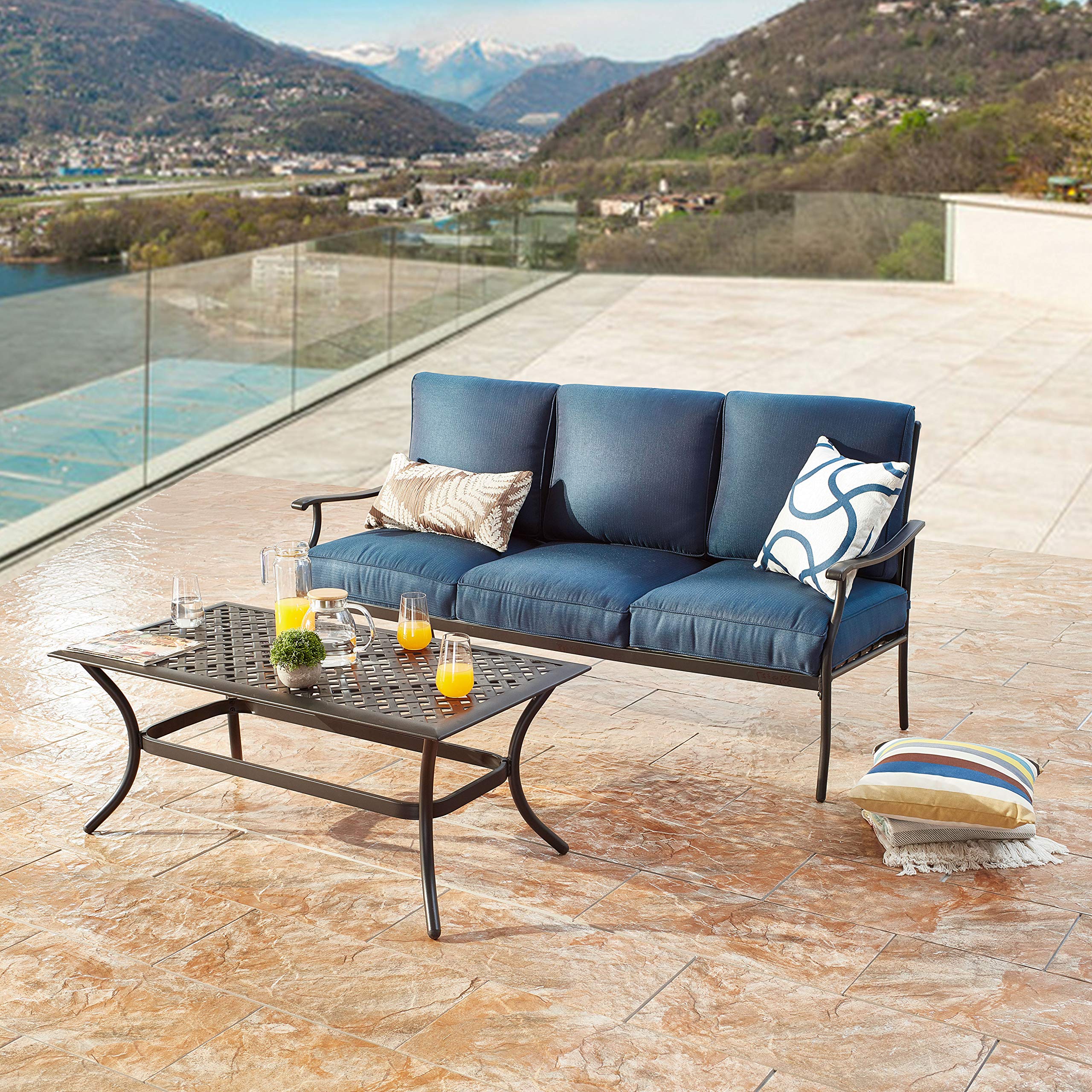 LOKATSE HOME 3-Seat Metal Outdoor Loveseat Bench with Coffee Table - Patio Bistro Set for Garden, Yard, Porch or Poolside - Durable Weather-Resistant Blue Steel Furniture (Perfect for Relaxing, Entertaining Guests & Outdoor Dining)