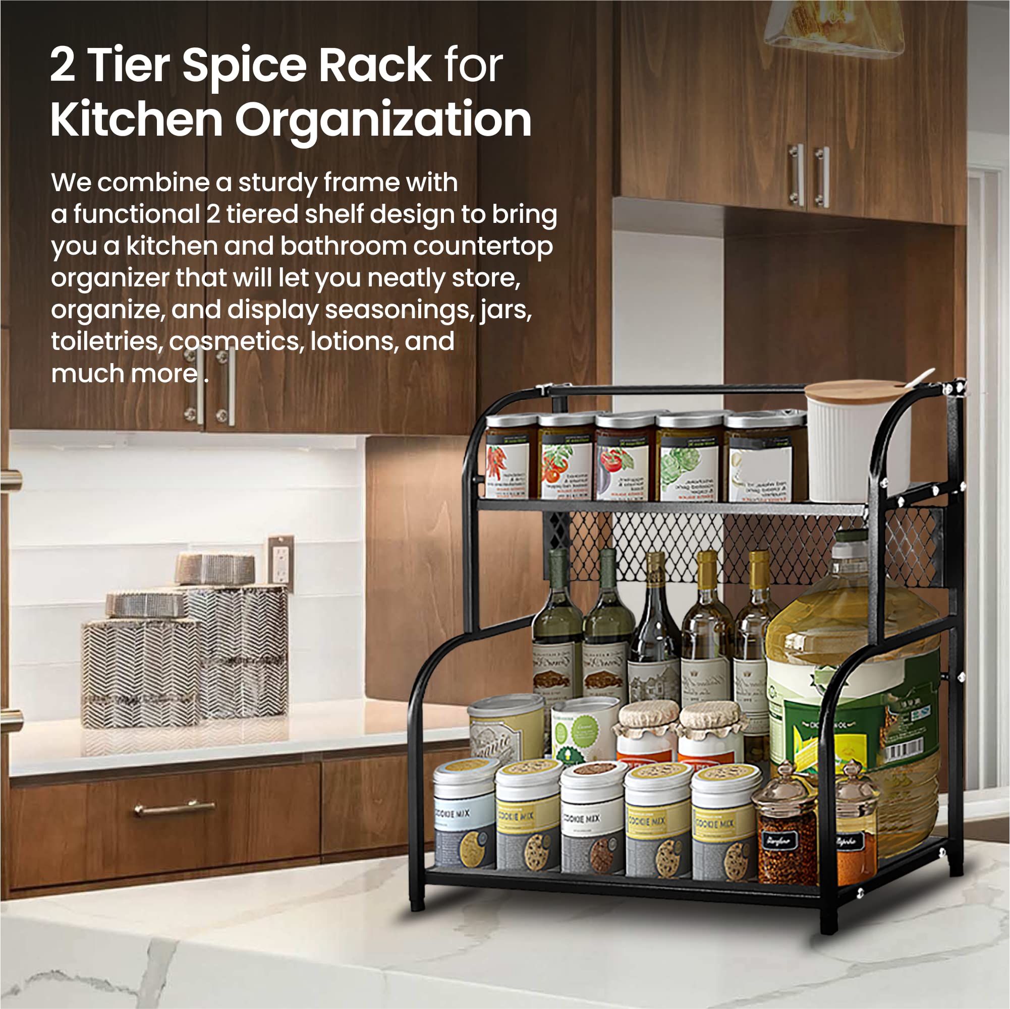 2-Tier Spice Rack Organizer - Non-Slip Kitchen Counter & Pantry Storage Shelf for Spices, Cosmetics, or Bathroom Essentials | Space-Saving Home Organization Solution for Kitchen, Bathroom, or Vanity
