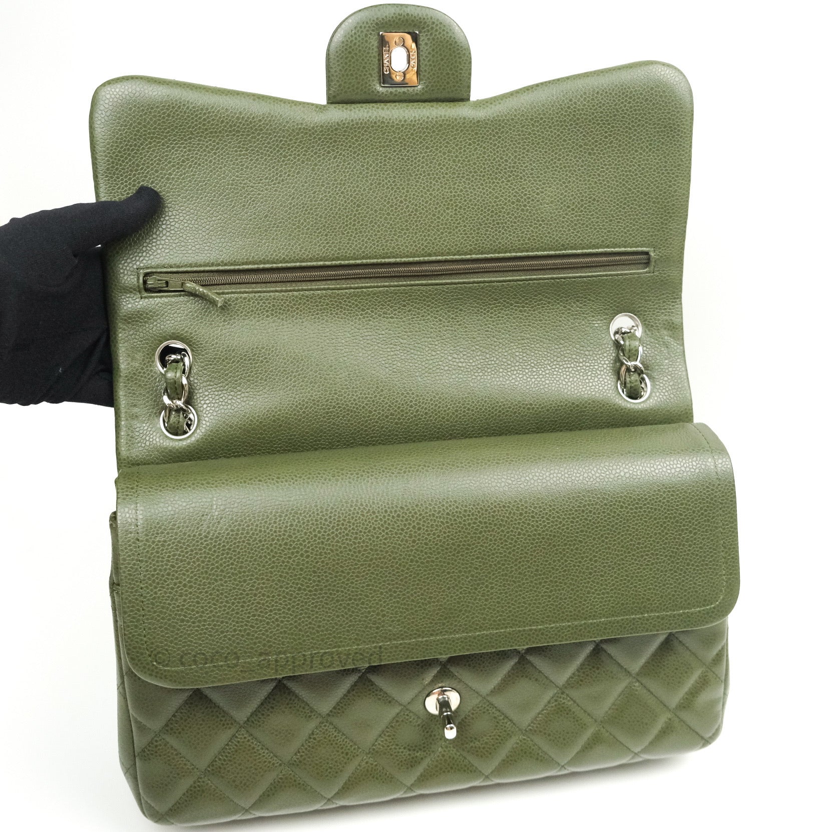 Chanel Classic Jumbo Double Flap Quilted Handbag in Green Caviar Leather with Silver Hardware - Luxury Designer Crossbody Bag for Women, Perfect for Parties, Work & Everyday Use
