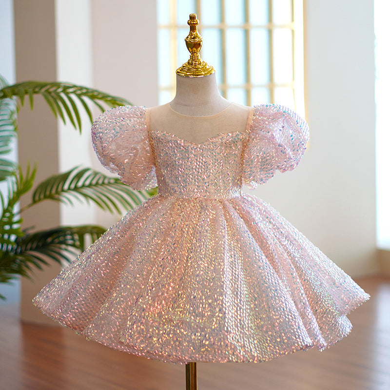 Sparkly Pink Sequin Princess Dress for Girls - Short Puff Sleeves Party Dress | Perfect for Birthday, Pageant, Dance Recital & Special Occasions