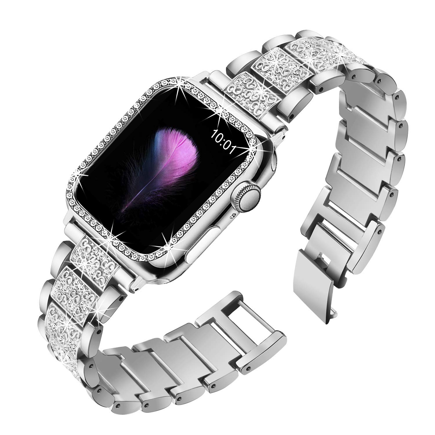 Mesime Compatible Apple Watch Band with Screen Protector Case - Jewelry Replacement Strap for 38mm/40mm/41mm/42mm/44mm/45mm/46mm iWatch Series 10/9/8/7/6/5/4/3/2/1/SE - 2 Pack Protective Cover for Women - Perfect for Workouts, Office & Everyday Fashion