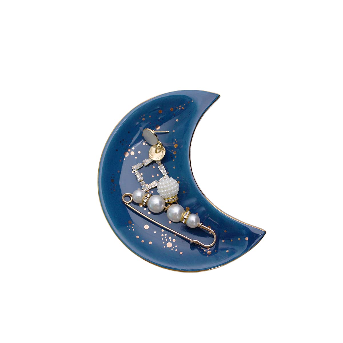 Soddeph Small Moon Ceramic Jewelry Tray - Elegant Decorative Trinket Dish & Ring Holder Plate for Bathroom, Nightstand, Vanity - Blue Ceramic Catchall Tray for Jewelry Organization & Home Decor (Perfect for Gifts, Wedding Favors & Bridesmaid Presents)