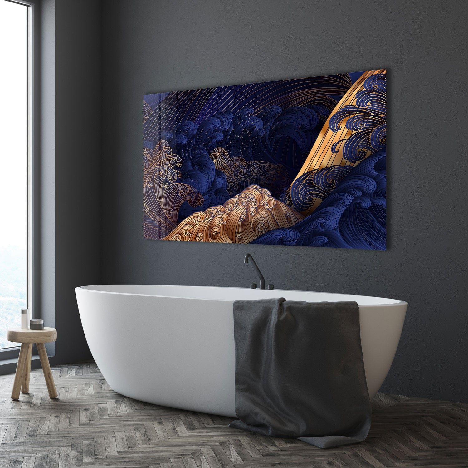 Golden Blue Waves Tempered Glass Wall Art - Modern Ocean Themed Decor for Living Room, Bedroom & Office - Shatterproof & Stylish Home Accent