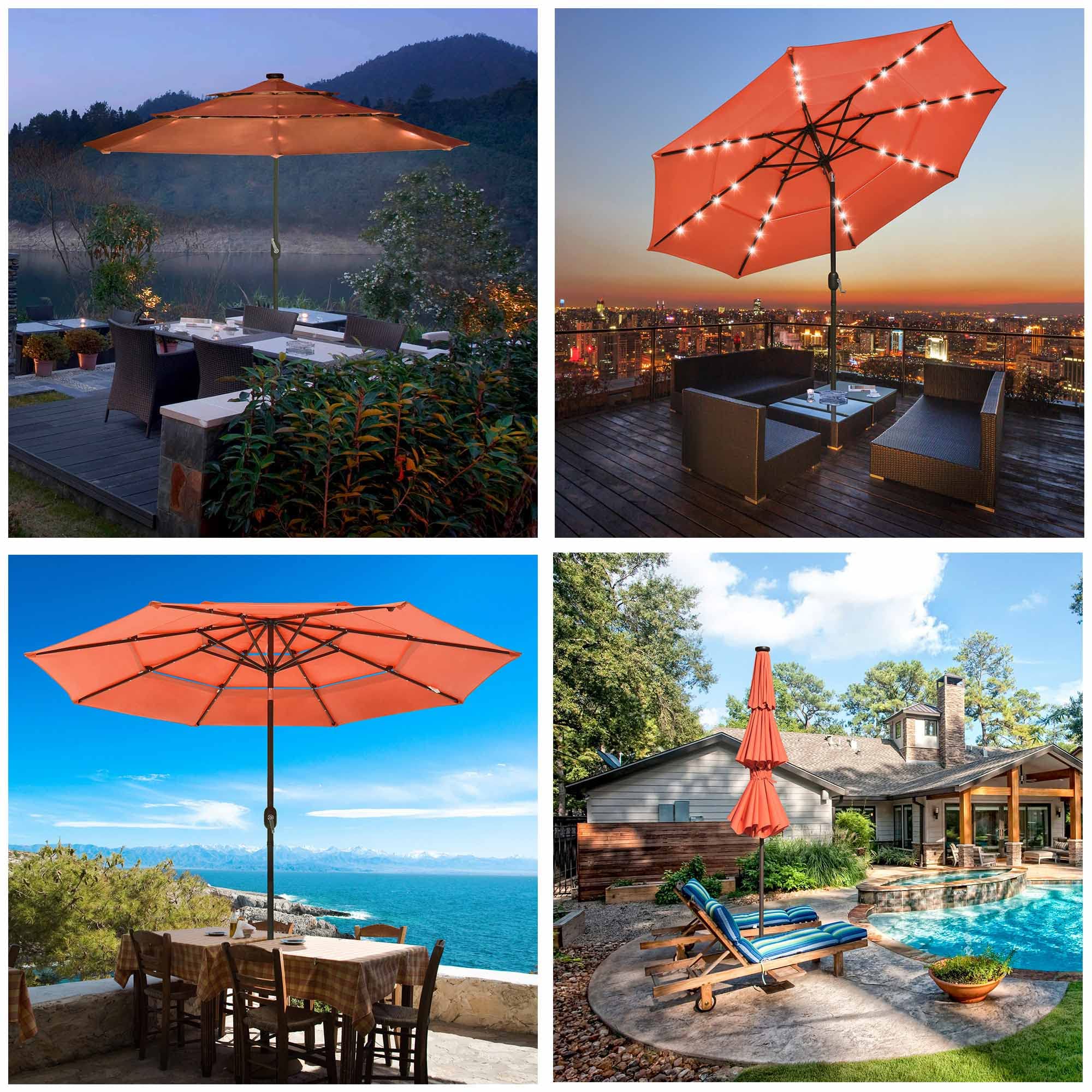 Yescom 10FT 3 Tier Solar LED Patio Umbrella with Crank & Tilt - UV70+ Protection, Aluminum Pole - Perfect for Outdoor Deck, Backyard, Pool Party & Night Events (Orange)