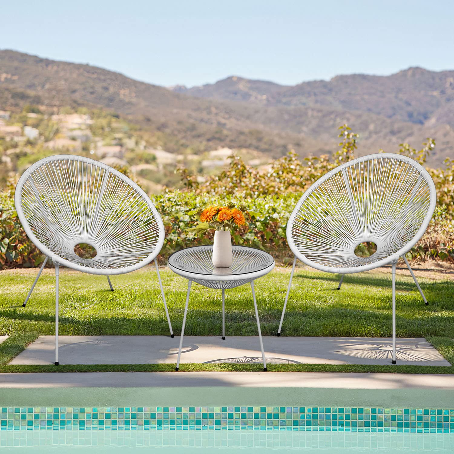 3-Piece Acapulco Chair Set - All-Weather Wicker Patio Furniture with 2 Plastic Rope Chairs & Glass Top Table - Modern Outdoor Seating for Garden, Poolside, Balcony & Backyard (White) - Perfect for Relaxing, Entertaining & Sunbathing