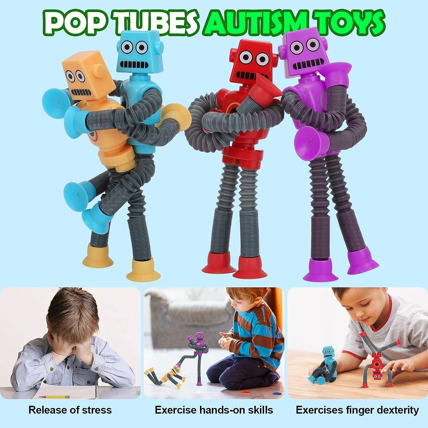**4PCS Telescopic Suction Cup Robot Pop Tubes Fidget Toys – Sensory Toys for Toddlers, Autism & ADHD Relief – Fun Stress Relief for Kids, Boys & Girls – Perfect for Home, School & Travel Play**