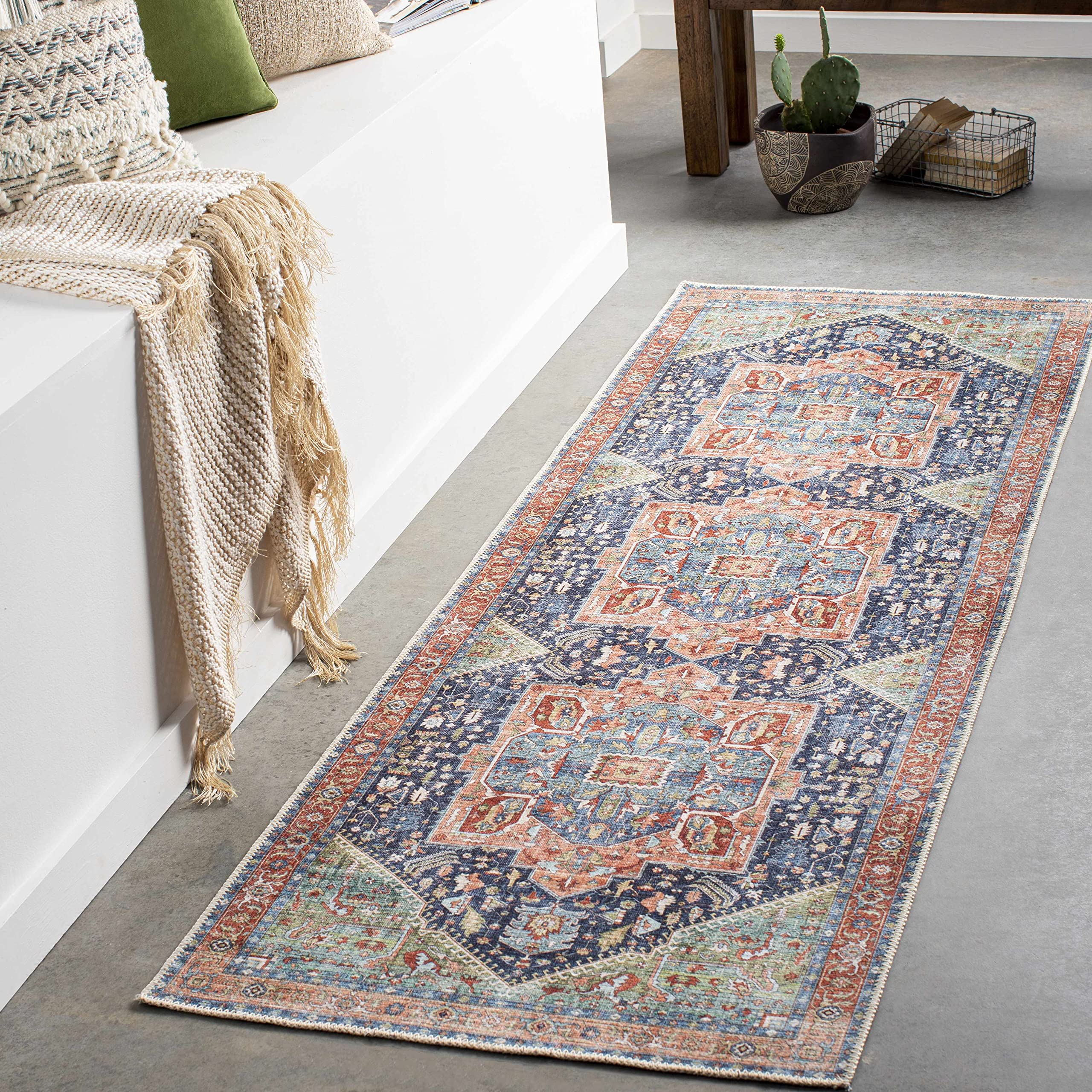 Hauteloom Exira Washable Runner Rug for Hallway & Kitchen - Traditional Design in Blue, Brick Red, Camel - 2'7