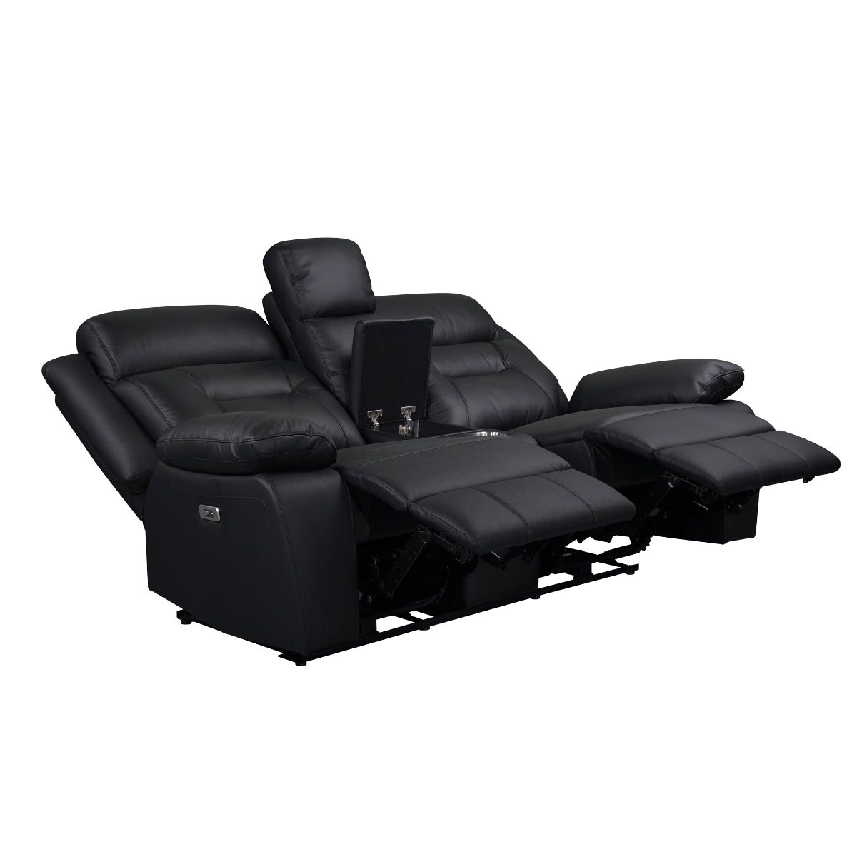 Premium Black Leather Power Reclining Loveseat with USB Charging Ports & Cup Holders - Modern Living Room Furniture for Relaxing & Entertaining