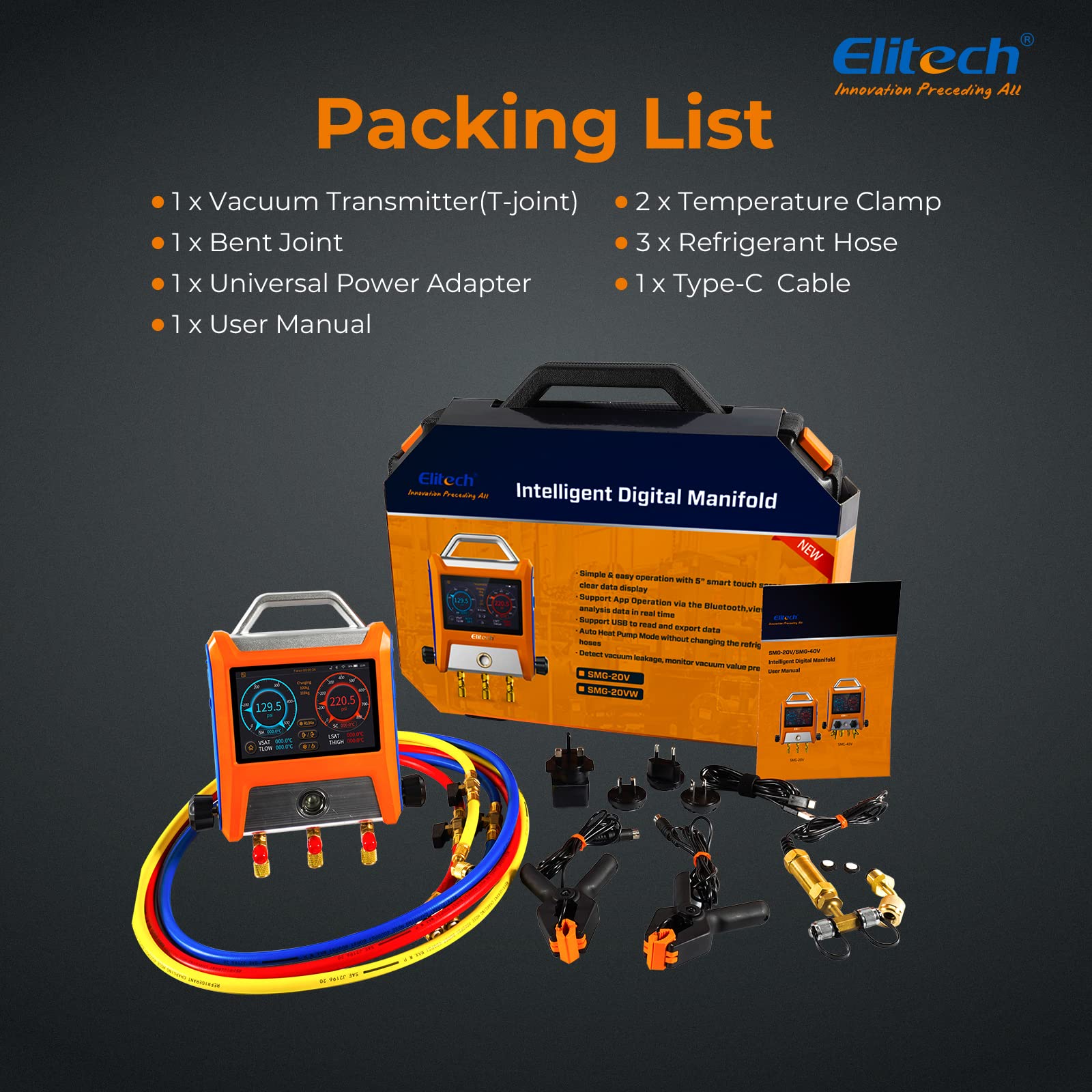 Elitech EMG-20V Smart HVAC Digital Manifold Gauge Set - 3 Port with Vacuum Sensor, Thermometer & Clamps - Professional HVAC Diagnostic Tools for AC Repair & Refrigerant Charging - Perfect for HVAC Technicians & DIY Home Maintenance