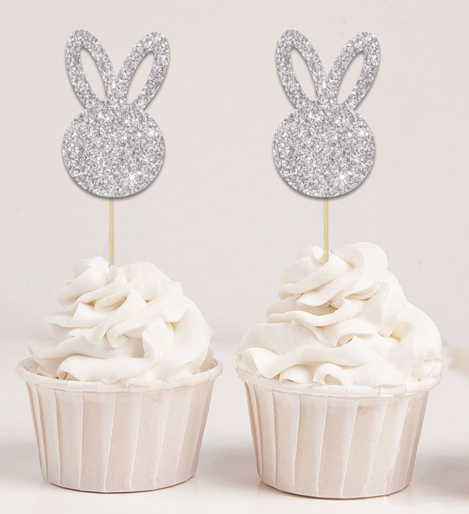 Glitter Silver Easter Bunny Rabbit Cupcake Toppers - Pack of 40 for Easter Dessert Decorations, Party Supplies & Holiday Baking