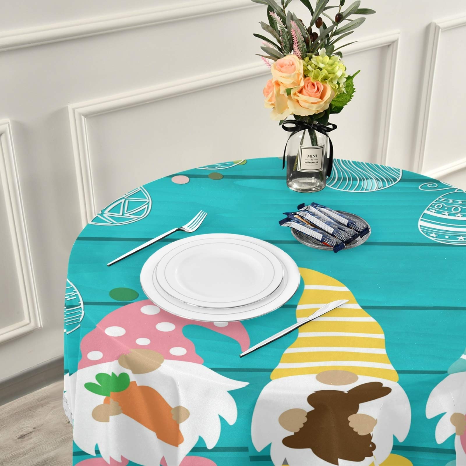 Easter Gnomes Eggs Round Tablecloth - 60 Inch Washable Polyester Spring Table Cover with Floral Design for Kitchen, Party, Picnic, Dining Decor - Perfect for Easter Celebrations and Seasonal Home Decoration