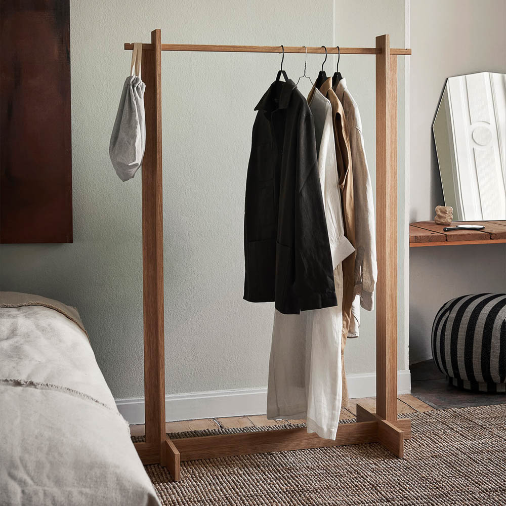FERM LIVING Bridge Clothes Rack - Solid Oiled Oak Wood Garment Rack for Bedroom, Closet & Entryway Organization | Modern Freestanding Clothing Rack for Hanging Coats, Dresses & Accessories
