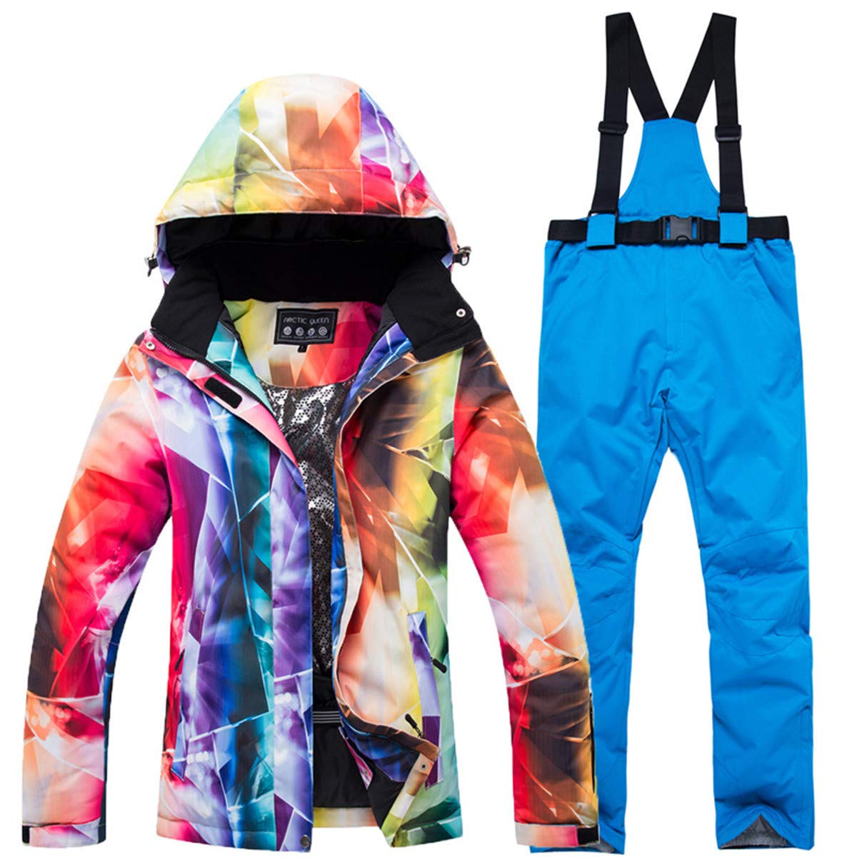 Women's 2-Piece Colorful Windproof Waterproof Ski Bib Suit - Winter Outdoor Sport Jacket & Bib Pants Set for Skiing, Snowboarding & Mountain Adventures
