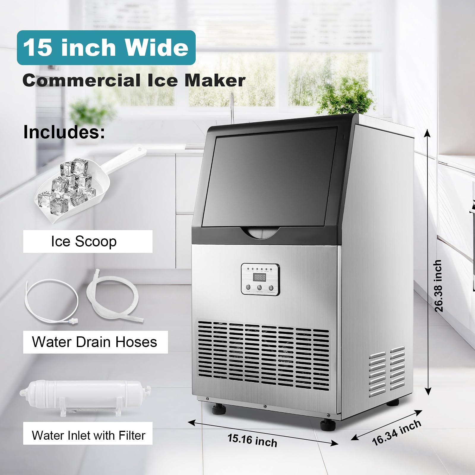 Commercial Ice Maker Machine 100lbs/24H with Auto Self-Cleaning & LED Digital Display - Under Counter or Freestanding Ice Machine for Home, Office, Restaurant, Bar - Perfect for Beverage Service, Parties and Food Preservation