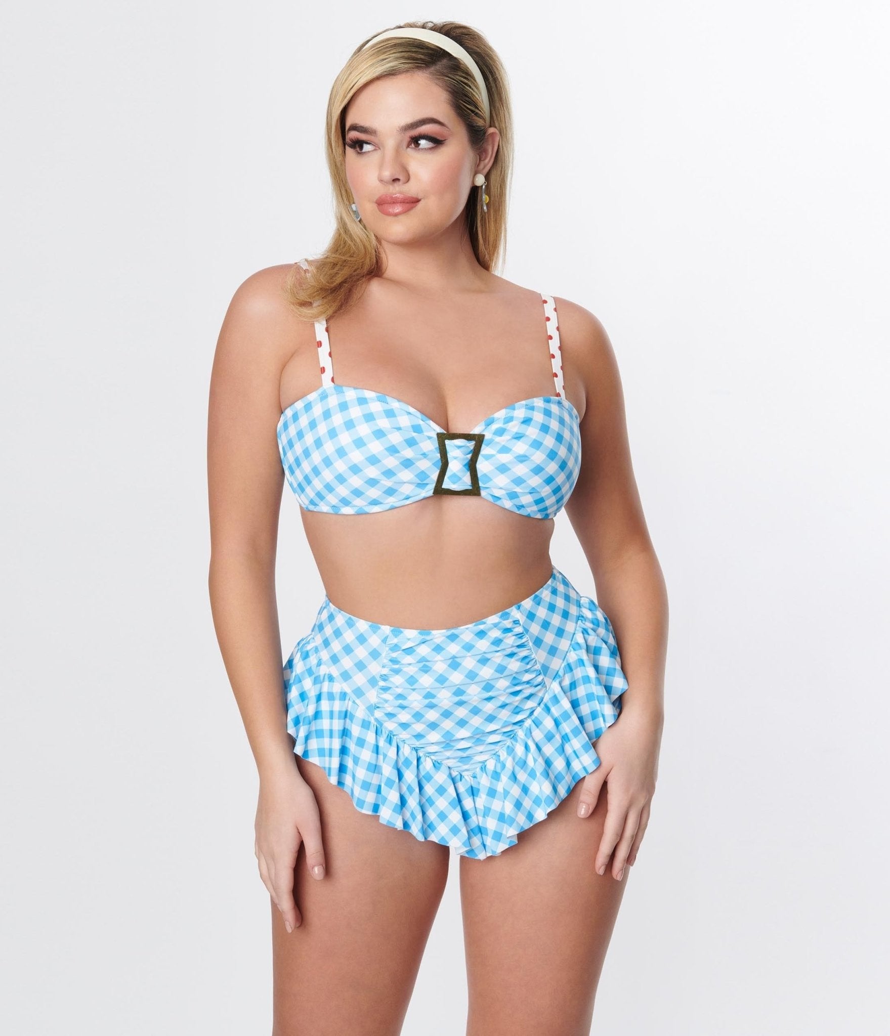 Vintage Blue Gingham Buckle Swim Top - Retro Style Adjustable Swimwear for Women - Perfect for Beach, Pool, and Summer Vacations