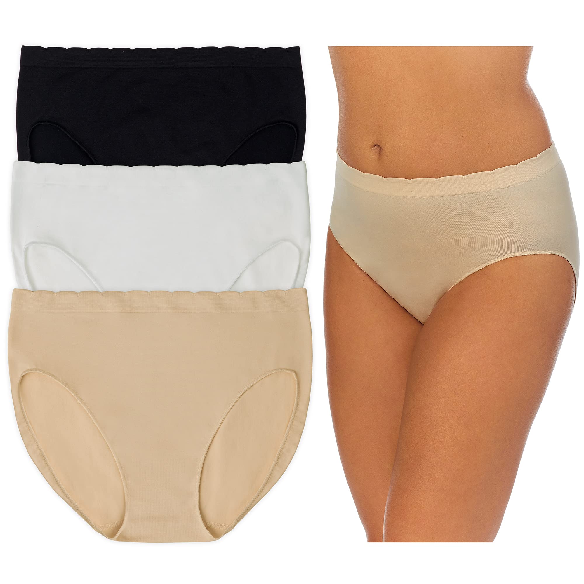Ellen Tracy Women's Ultra Soft Seamless Hi-Cut Brief Panties 3-Pack - Scalloped Edge Comfort Underwear for Everyday Wear & Lounge