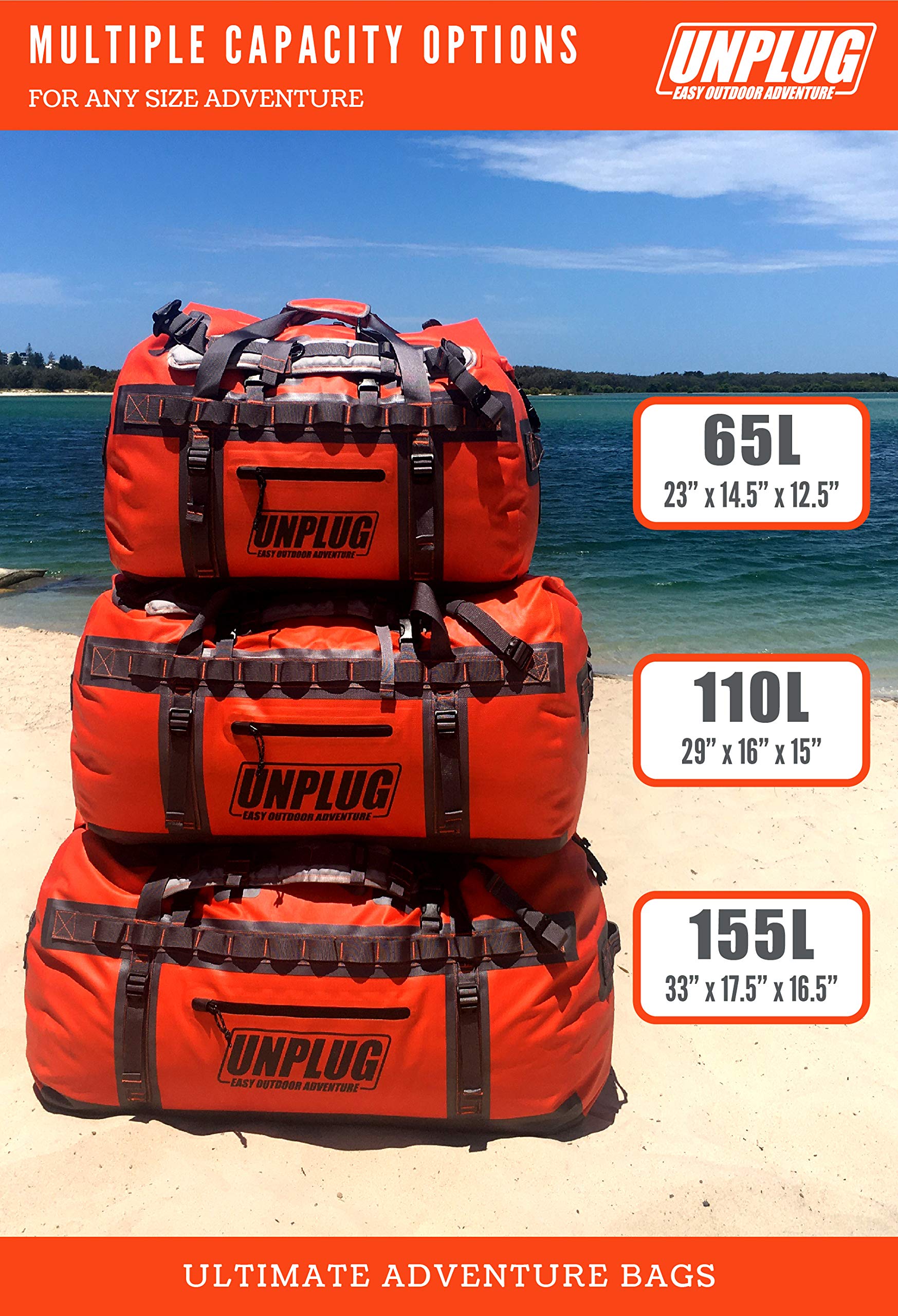 UNPLUG Ultimate Adventure Bag - 1680D Heavy Duty Waterproof Travel Duffel Bag for Camping, Hiking, Motorcycle & Boating | Tactical Duffle Backpack for Outdoor Sports, Travel & Military Use