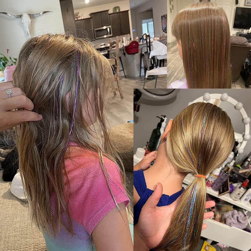 Premium Hair Tinsel Kit - 200 Strands Heat-Resistant Glitter Hair Extensions with 4 U-Shape Snap Clips (Rainbow) | Sparkling Fairy Hair for Women, Girls & Kids | Perfect for Parties, Festivals & Special Occasions
