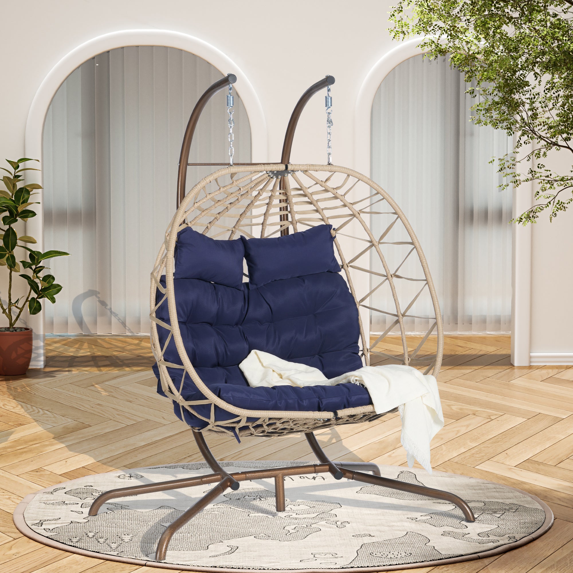 Double Egg Chair with Stand - Indoor/Outdoor Wicker Rattan Hanging Swing Chair with UV-Resistant Cushions (600 lbs Capacity) - Perfect for Bedroom, Balcony, Patio & Garden Relaxation