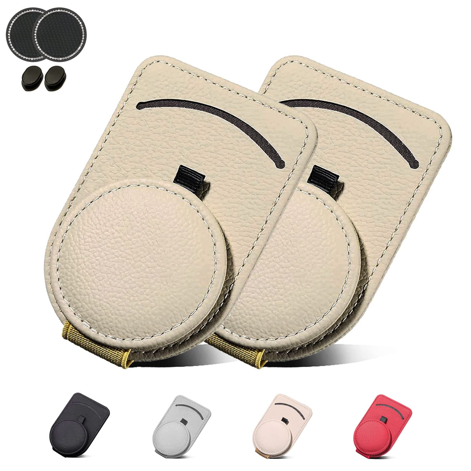 CIKOUCIN Magnetic Leather Car Visor Sunglass Holder - 2Pcs Beige, Secure Sunglasses Clip for Glasses & Cards Storage | Perfect for Driving, Travel & Outdoor Activities
