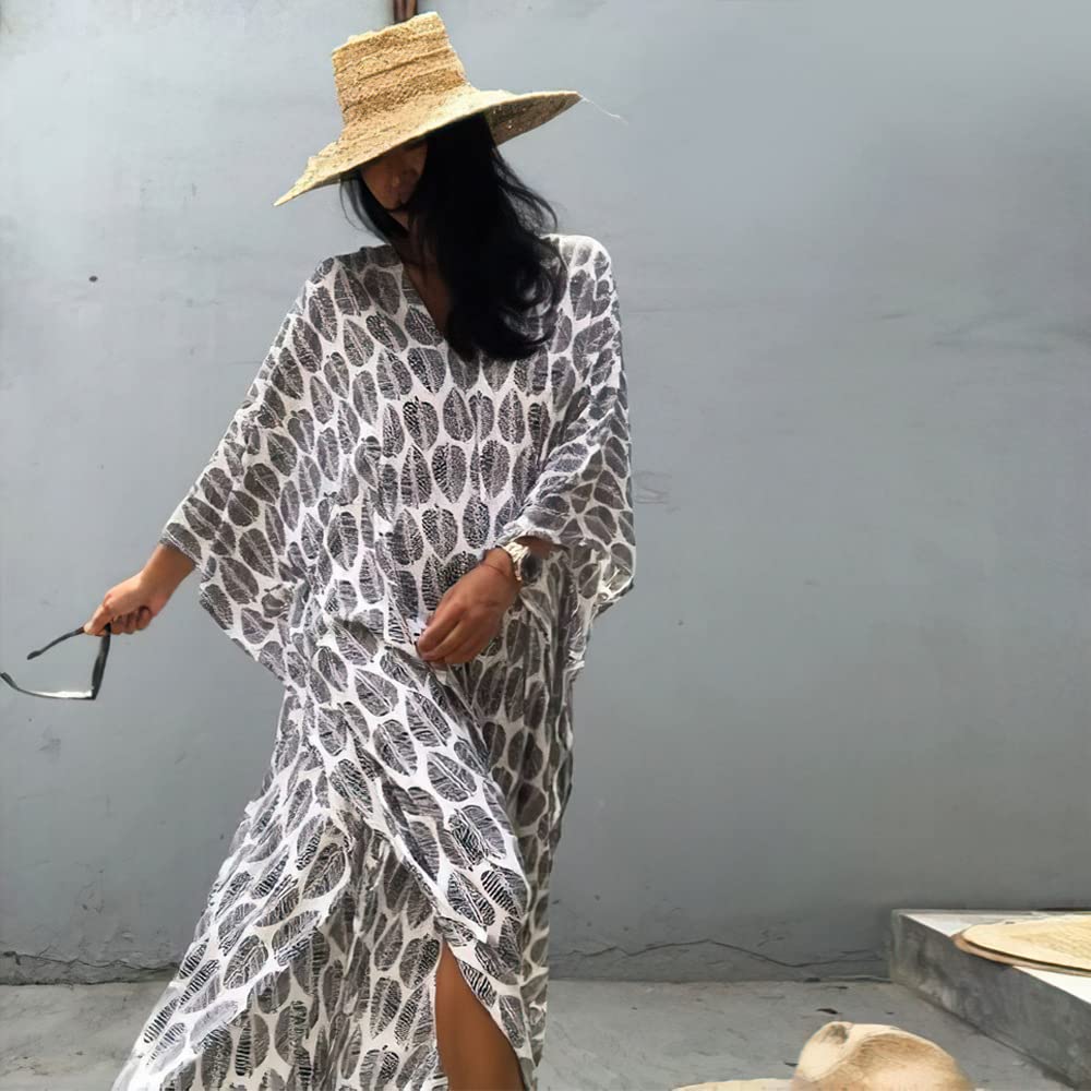 Women's Plus Size Long Tunic Kaftan Maxi Dress with Batwing 3/4 Sleeves - Flowy Summer Beach Dress for Vacation, Boho Chic Outfit