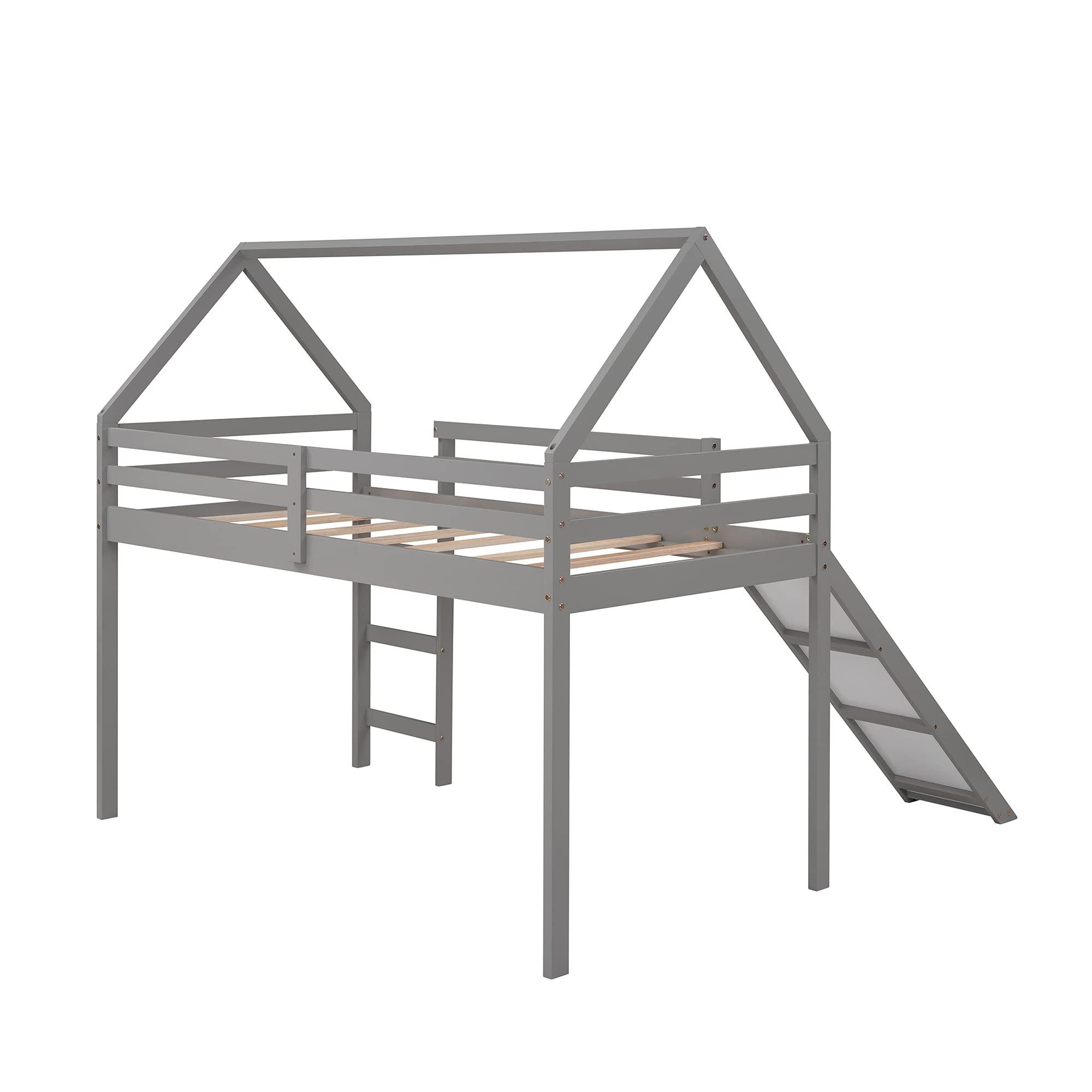 Harper & Bright Designs Twin Size Loft Bed with Slide - Solid Wood Kids House Bed Frame for Boys & Girls in Gray | Perfect for Small Bedrooms, Playrooms & Sleepovers