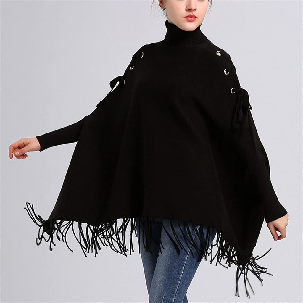 CCBUY Women's High-Neck Batwing Sleeve Knit Sweater with Tassels - Loose Fit Pullover Shawl Cloak - One Size Black - Perfect for Fall Fashion, Casual Outings & Cozy Winter Layering