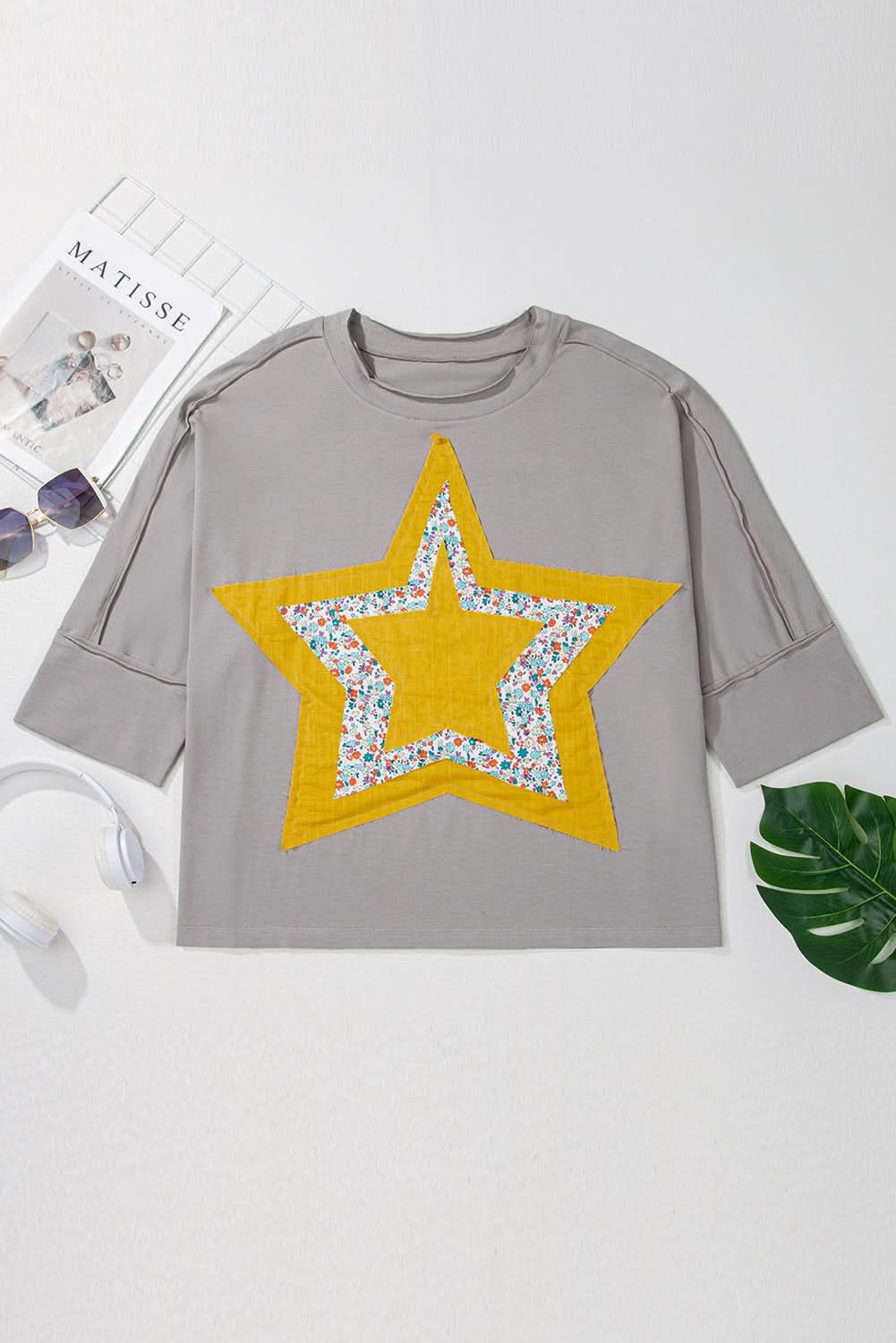 Stylish Grey Floral Star Print Blouse for Women - Plus Size Tops for Casual Wear & Office Outfits