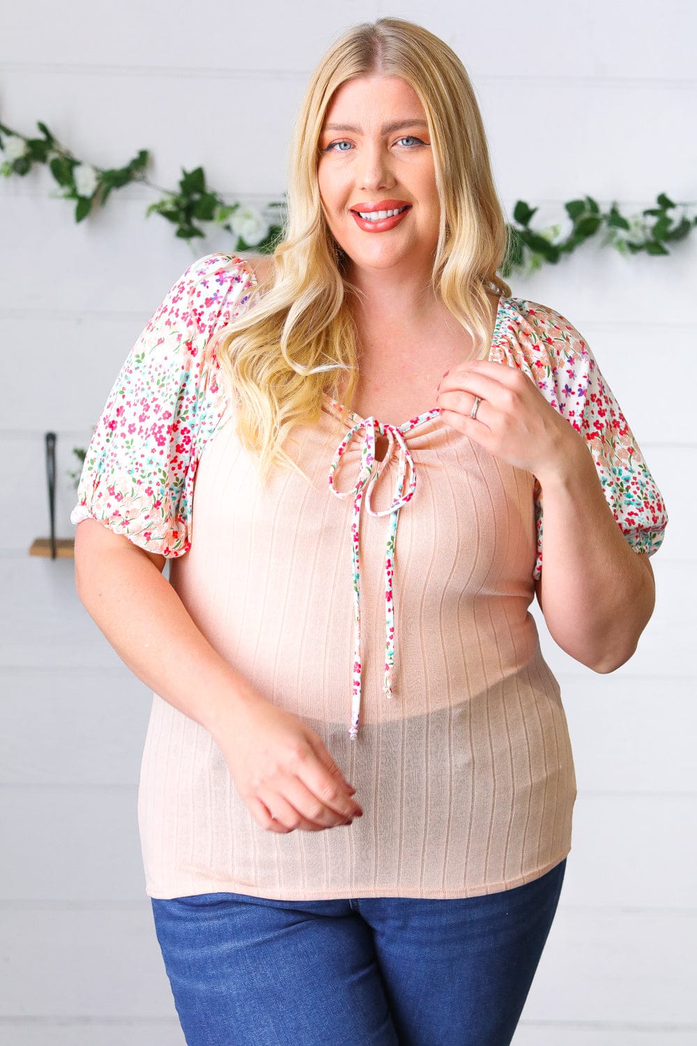 Peach & Floral Tie Neck Bubble Sleeve Blouse - Elegant Women's Fashion Top for Spring Summer Outfits, Date Night & Office Wear