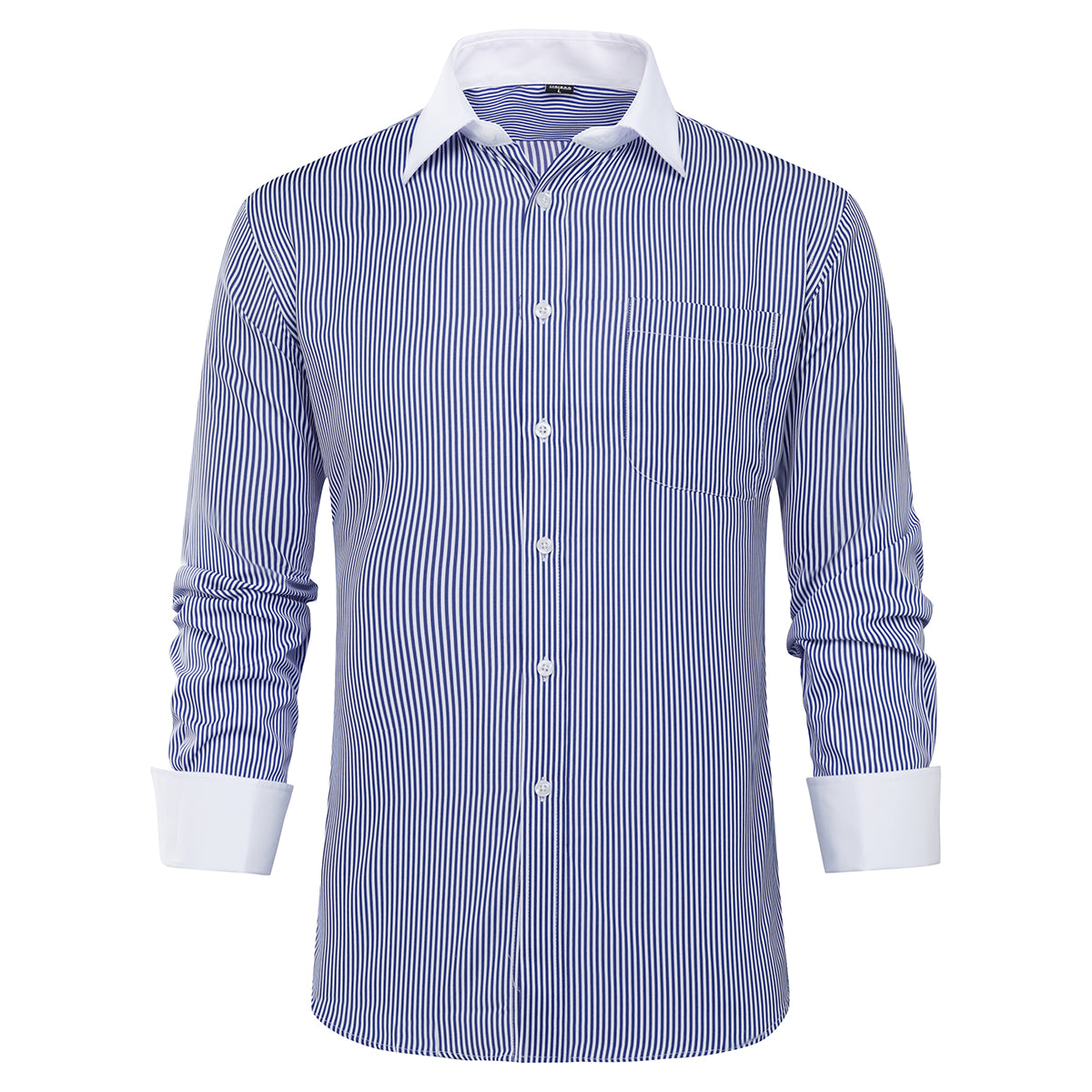 Men's Slim Fit Dress Shirt - Button Down Collar Striped & Checked Pattern - Navy Blue - Perfect for Office Wear, Business Meetings & Formal Occasions