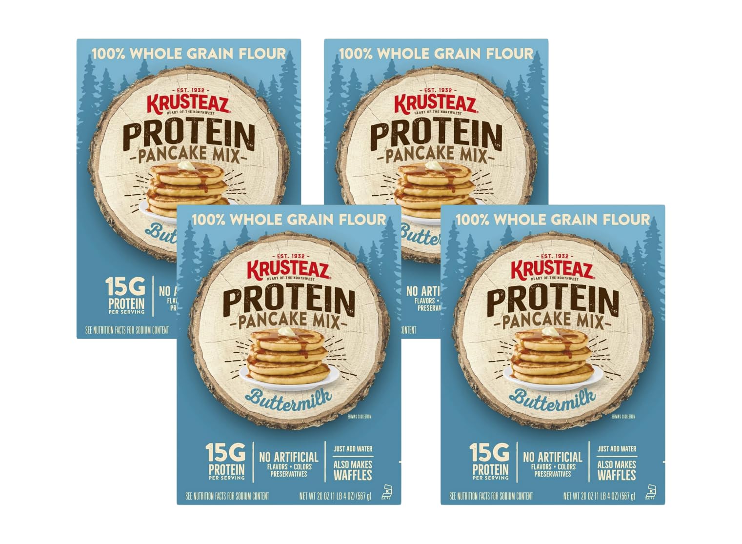 Krusteaz Protein Pancake Mix - Buttermilk Flavor, 100% Whole Grain Flour, 15g Protein Per Serving, Easy Just Add Water, Great for Waffles Too (1.25 Pound, Pack of 4) - Perfect for Healthy Breakfast, Post-Workout Meal & Family Brunch