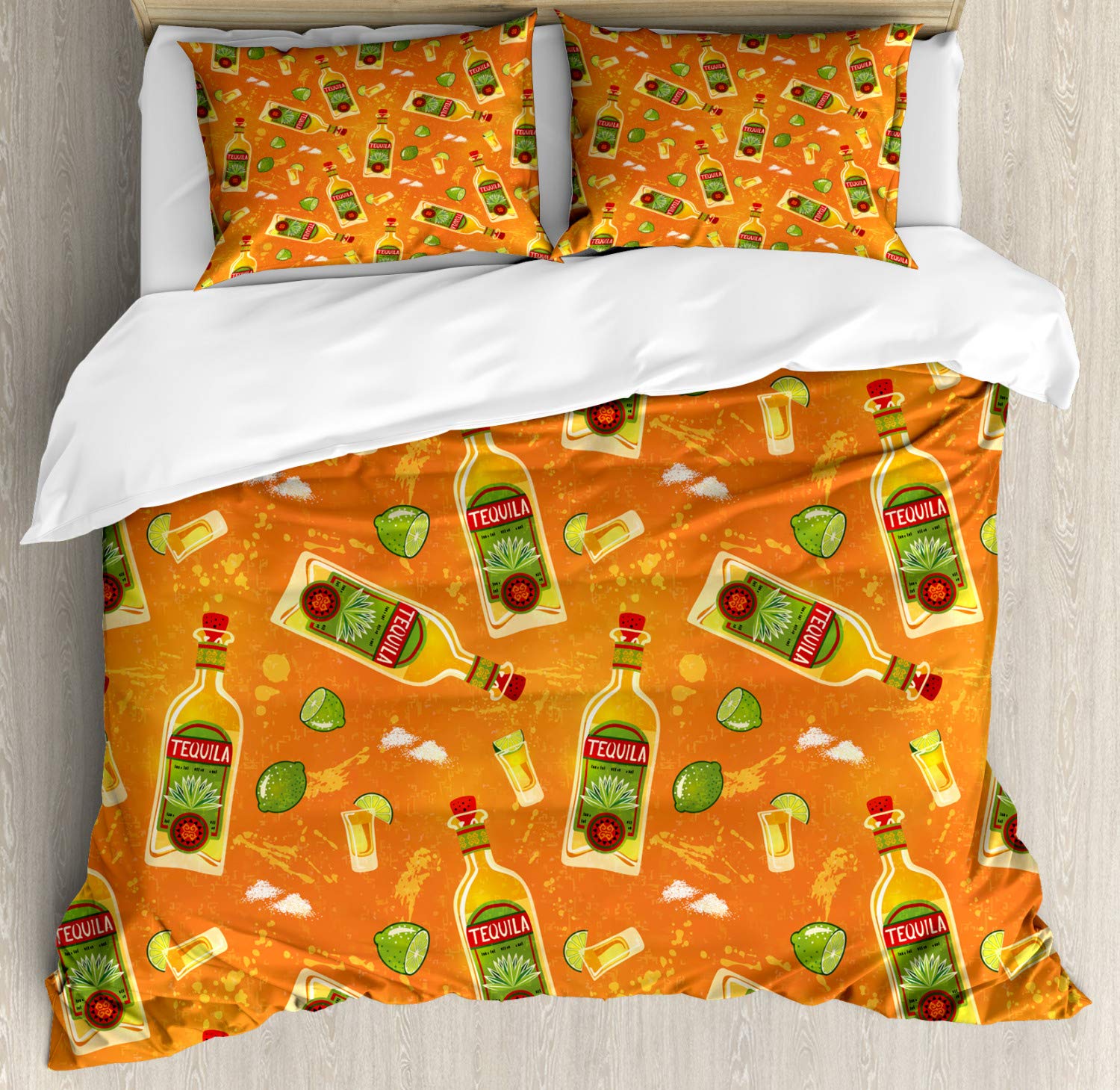 Ambesonne Tequila Duvet Cover Set - Vibrant Orange & Olive Green 3-Piece Bedding with 2 Pillow Shams, Queen Size | Mexican-Themed Decor for Bars, Bachelor Pads & Party Lovers