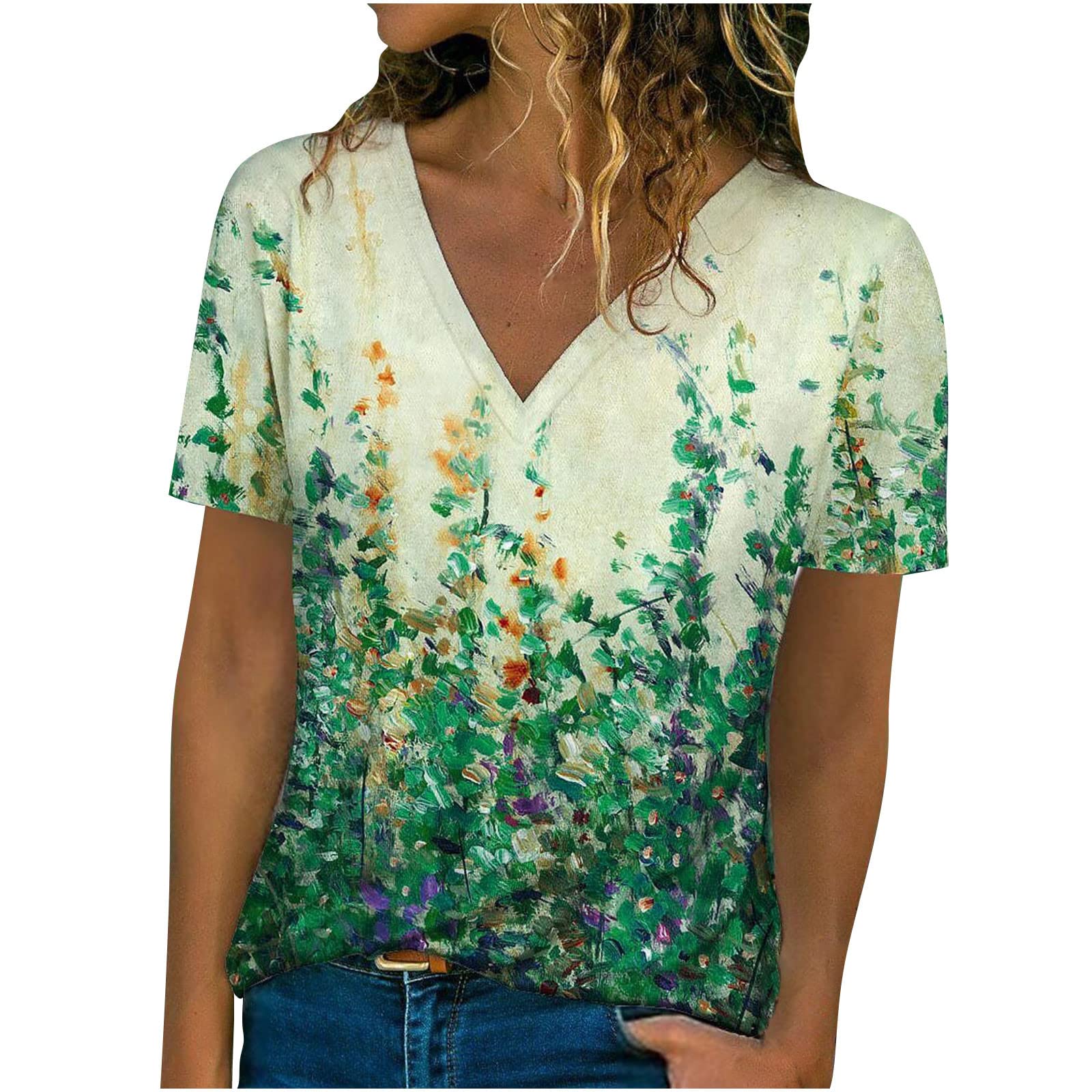 Women's Summer Floral Casual Short Sleeve V-Neck Graphic Tee - Loose Fit Trendy Blouse for Going Out, Date Night & Beach Vacation