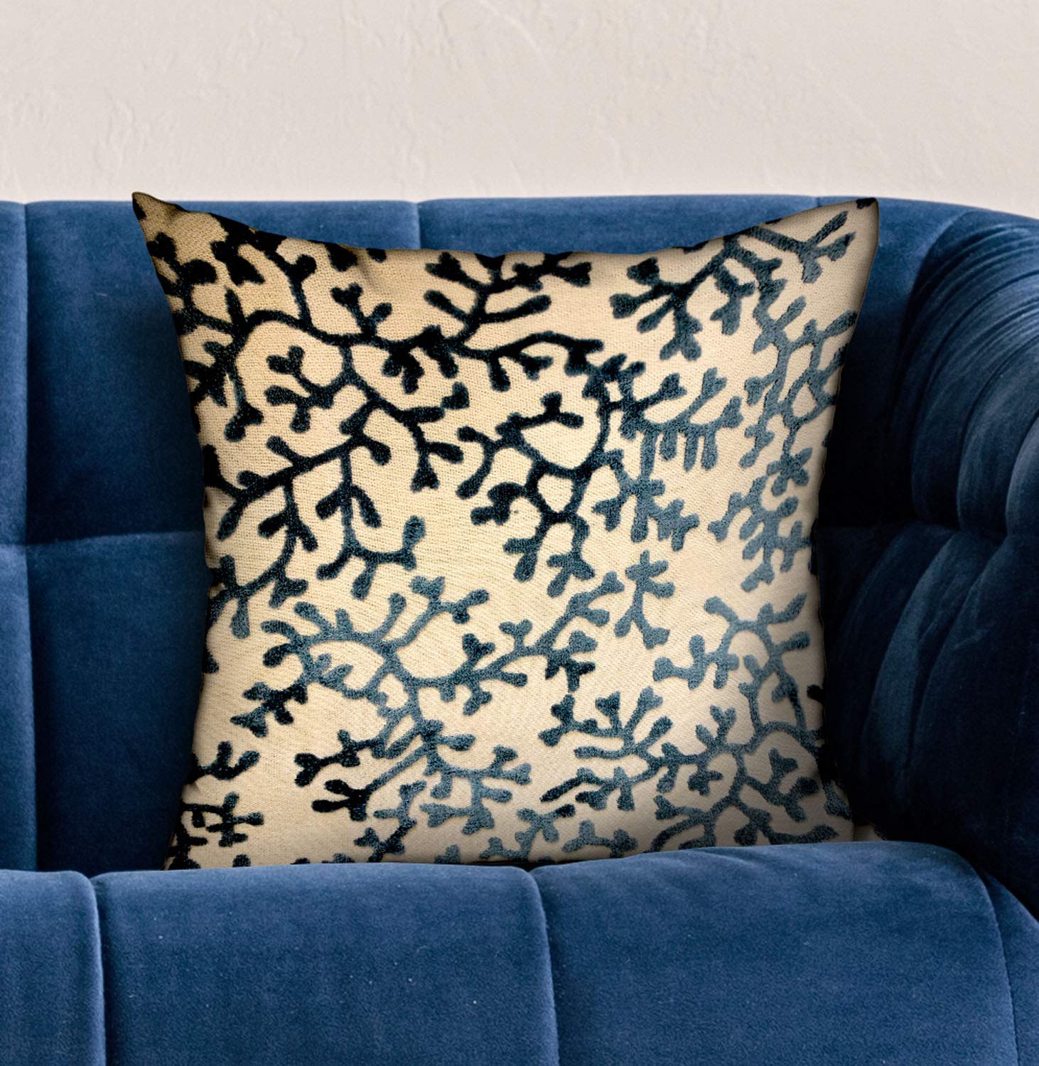 Plutus Deep Blue Reef Blue & Cream Floral Luxury Throw Pillow - Double Sided 24x24 Inches - Perfect for Sofa, Bedroom Decor & Coastal Home Styling