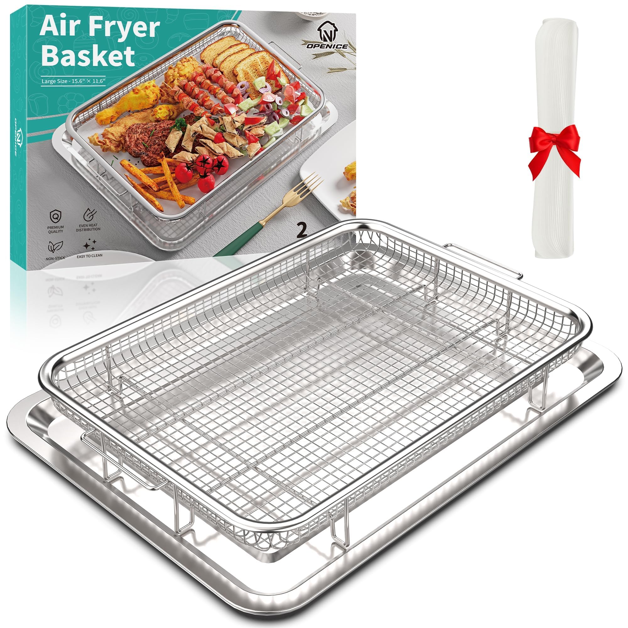 OPENICE 15.6 x 11.6 Inch Large Stainless Steel Air Fryer Basket & Pan Set with 30 PCS Parchment Papers - Oven Safe Baking Tray for Grilling, Roasting & Healthy Cooking - Perfect for Chicken Wings, French Fries & Vegetables