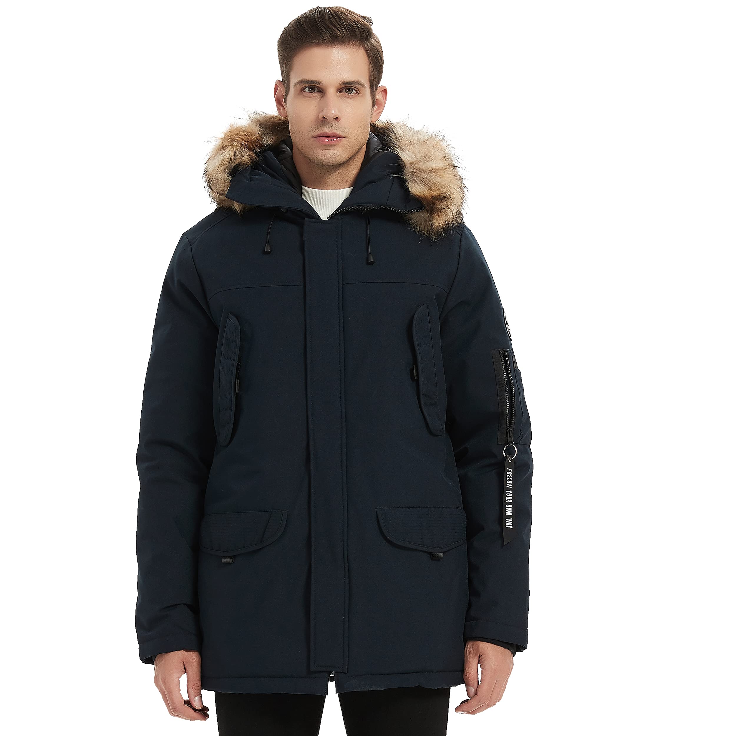Men's Vegan Down Winter Jacket - Thick Lined Fur Hooded Long Parka Coat for Extreme Cold Weather (XS-3XL) | Perfect for Mountain Hiking, Snow Sports & Urban Winter Fashion