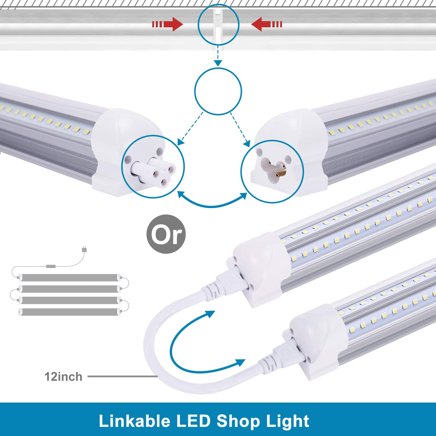 8 Foot LED Tube Light, T8 72W V-Shaped Bulbs - 6000K Daylight White, Clear Lens, Plug and Play Fluorescent Replacement - Energy Saving Shop Lighting for Garages, Warehouses & Retail Stores (8-Pack)