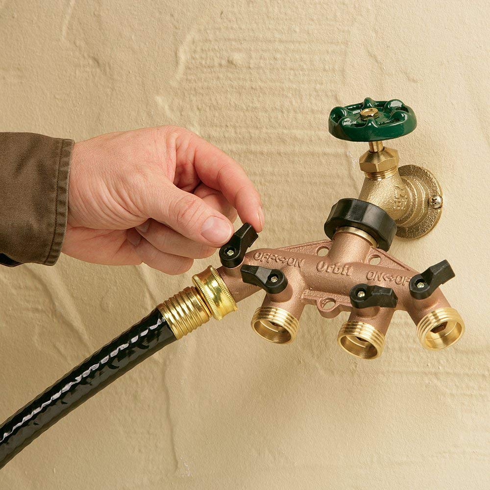 Orbit 3 Pack 4 Port Brass Water Hose Faucet Manifold Splitter with Shut Off Valves 62010N - Perfect for Garden Irrigation, Lawn Sprinkler Systems & Outdoor Watering