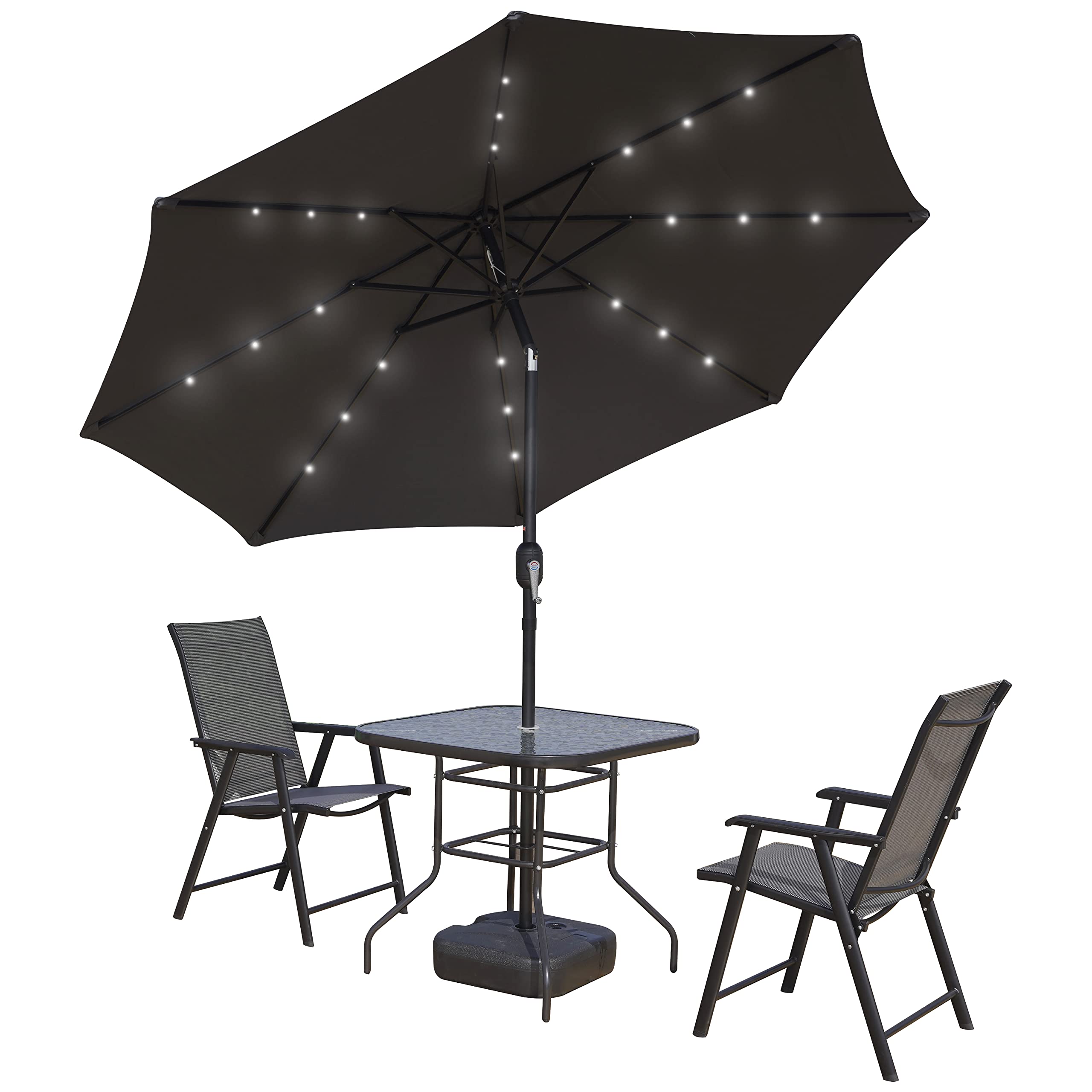 LeisureMod Sierra 9' Outdoor Patio Umbrella with Crank & Tilt Mechanism & Solar LED Lights - Perfect for Backyard, Poolside, and Garden Relaxation