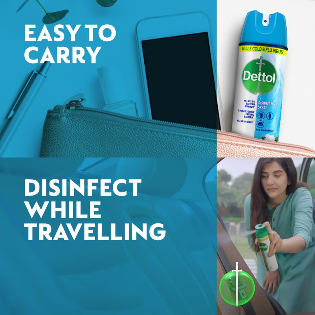 Dettol Multi-Surface Disinfectant Sanitizer Spray Bottle - 24 Hours Antibacterial Protection | Kills 99.9% Germs on Hard & Soft Surfaces | Spring Blossom Scent (225ml, Pack of 2) | Ideal for Home, Office & Travel Use