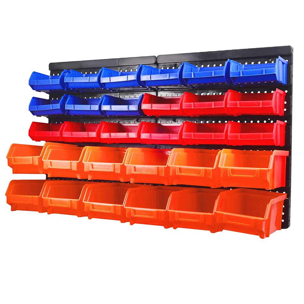 Wall Mounted Storage Bins - 30-Bin Organizer Rack for Garage, Tools, Crafts (Red/Blue/Orange) - Space Saving Home & Office Organization Solution for DIY Supplies, Hardware, Toys & More