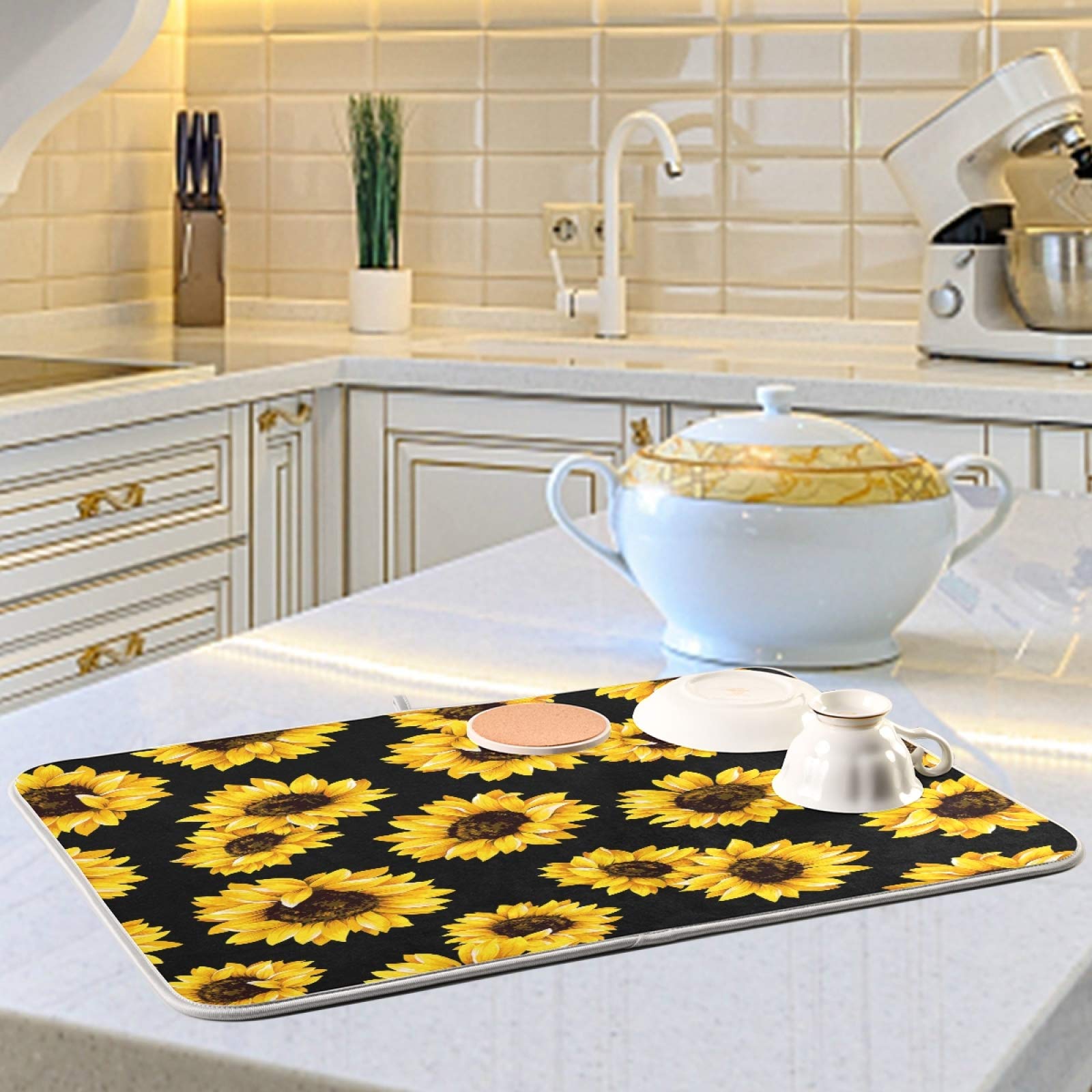 Absorbent Sunflower Dish Drying Mat - 16x18 Inch Polyester Kitchen Counter Mat with Hanging Loop | Quick-Dry Dish Rack Alternative for Sink, Countertop & Cabinet Organization