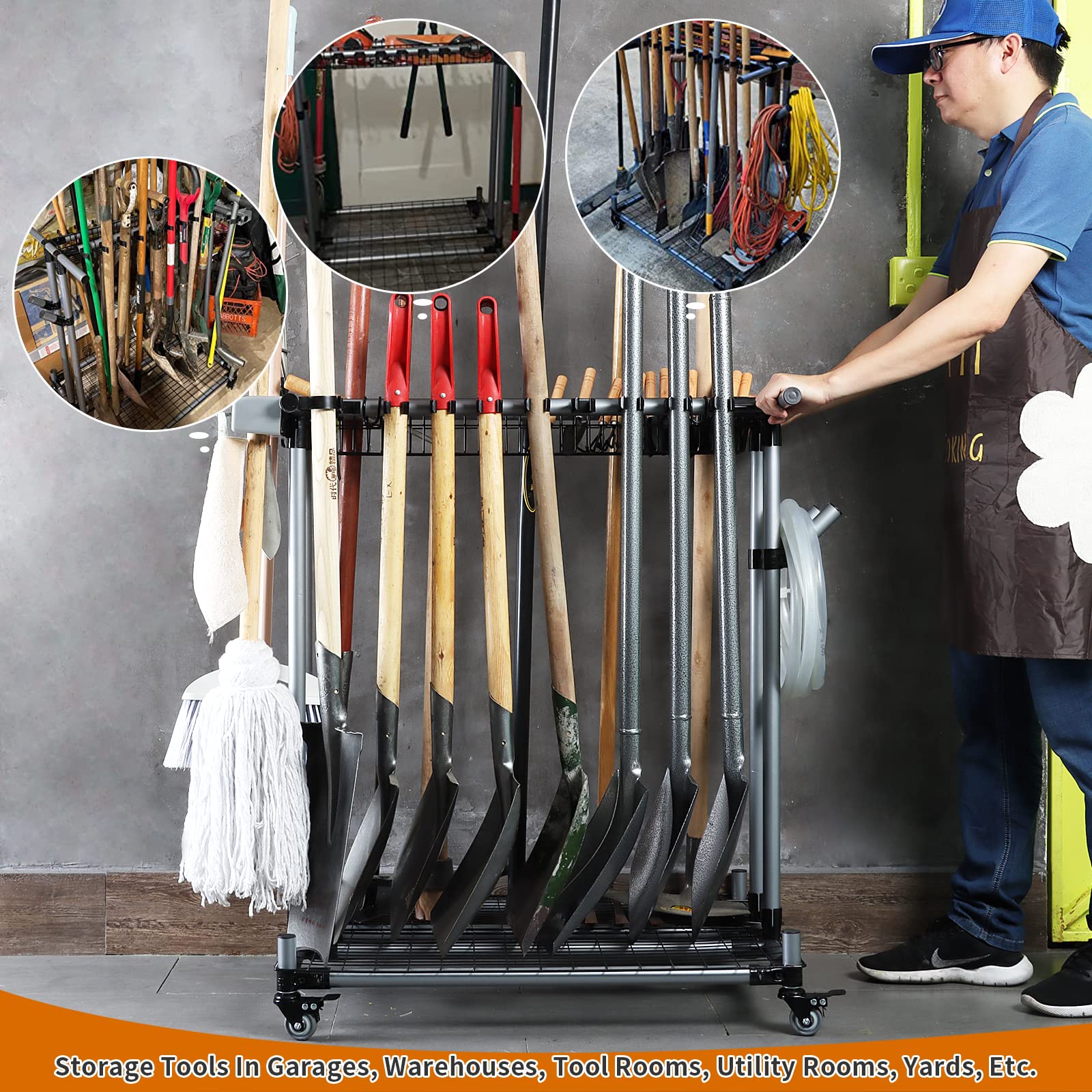 Heavy Duty Metal Garden Tool Organizer - Large Garage Storage Rack for Farming & Lawn Tools (Shovel, Rake, Hoe Holder) - Perfect for Shed, Workshop & Backyard Organization