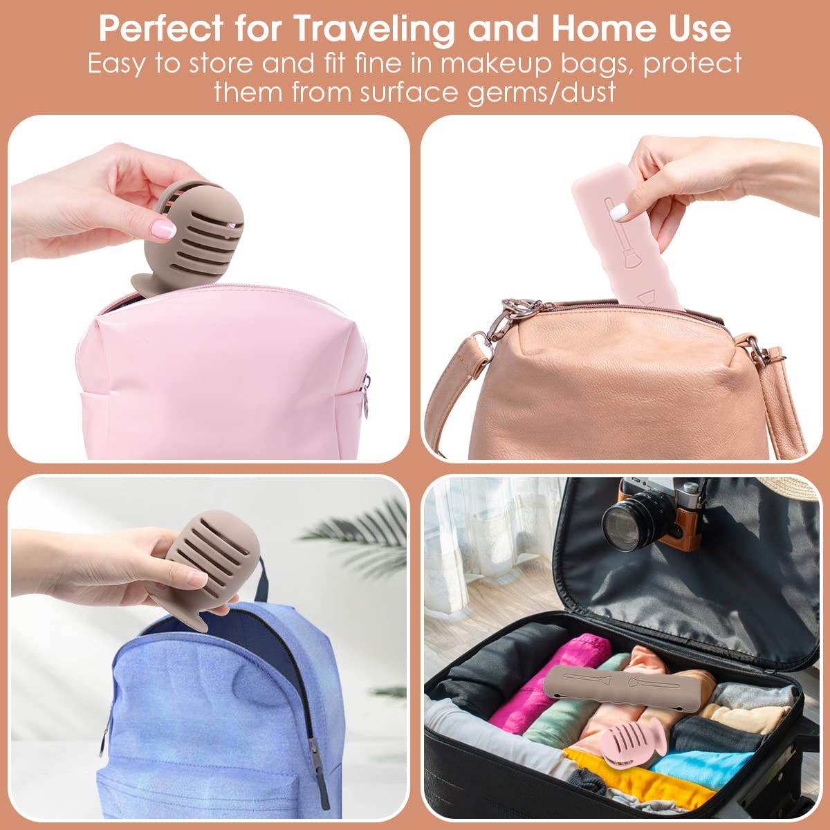 4-Pack Silicone Makeup Brush Holder & Blender Drying Stand - Travel-Friendly Magnetic Makeup Organizer with Suction Cups (Pink & Khaki) | Perfect for Makeup Brush Storage, Travel Beauty Kits & Vanity Organization