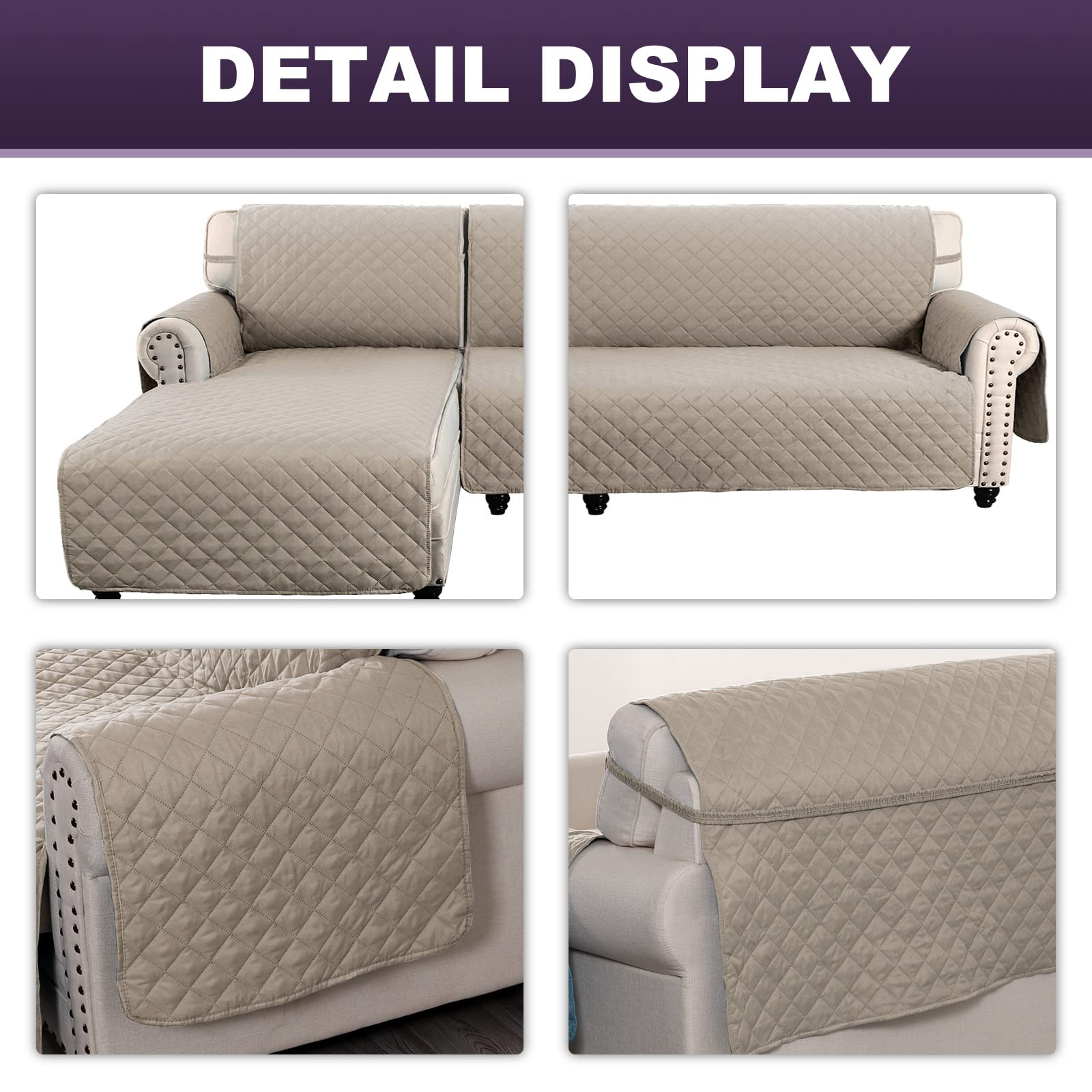 MEILLE MAISON L-Shaped Dog Sofa Cover - 2-Piece Reversible Waterproof Sectional Couch Protector with Chaise Lounge Cover & Straps - XL Khaki Pet Furniture Protector for Living Room, Bedroom, Family Room (LKL2PDLC9)