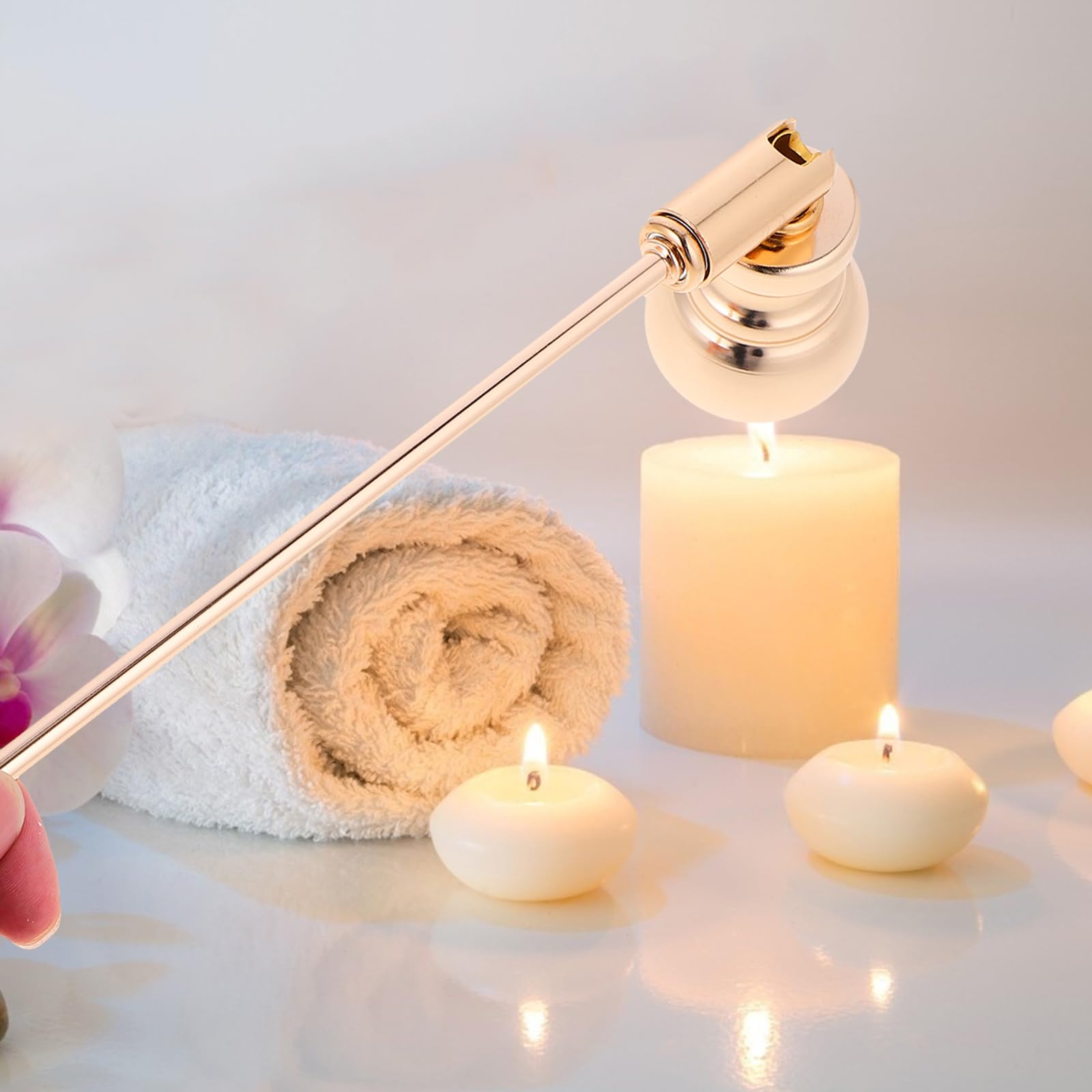 DOITOOL Long Handle Metal Candle Wick Snuffer - Polished Bell Shaped Flame Extinguisher Tool for Safely Putting Out Candles (Golden, 25cm) - Perfect for Home Decor, Romantic Dinners & Spa Relaxation