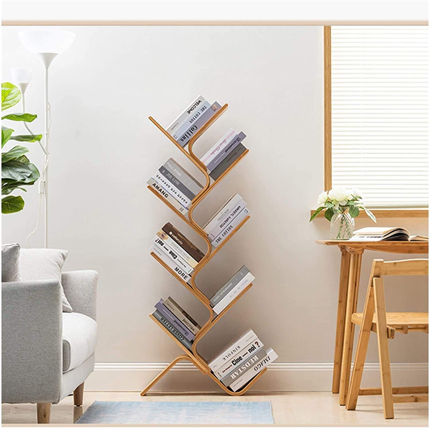 8-Tier Bamboo Bookshelf - Floor Standing Tree Bookcase for Living Room, Home & Office - Stylish Storage Rack for Books, Magazines & Decor - Perfect for Small Spaces & Modern Interiors