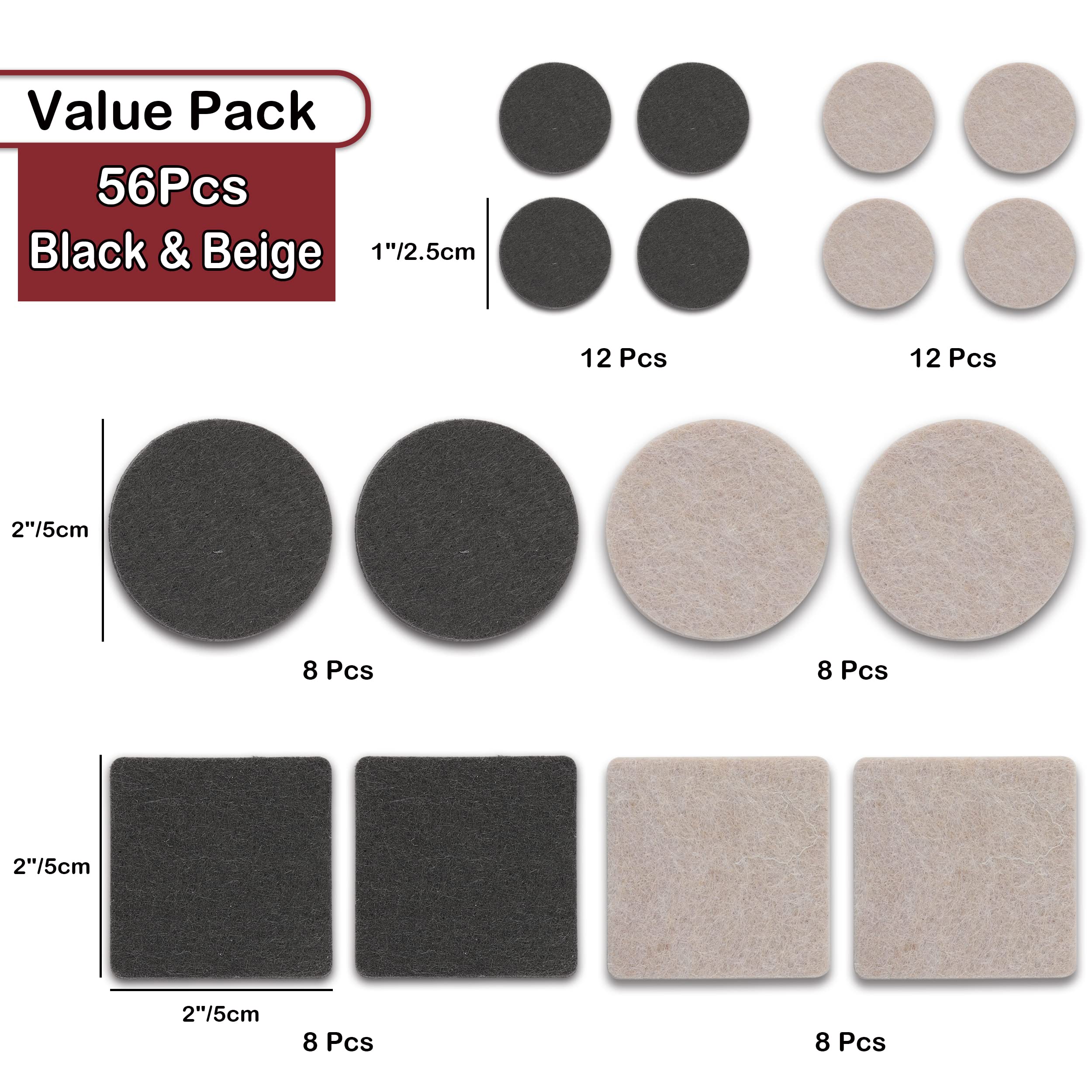 Yelanon Felt Furniture Pads - 56 Pcs (1+2 Inch) Premium Non-Slip Chair Leg Protectors for Hardwood Floors - Beige & Black - Protect Floors from Scratches & Reduce Noise for Home, Office & Dining Room Furniture